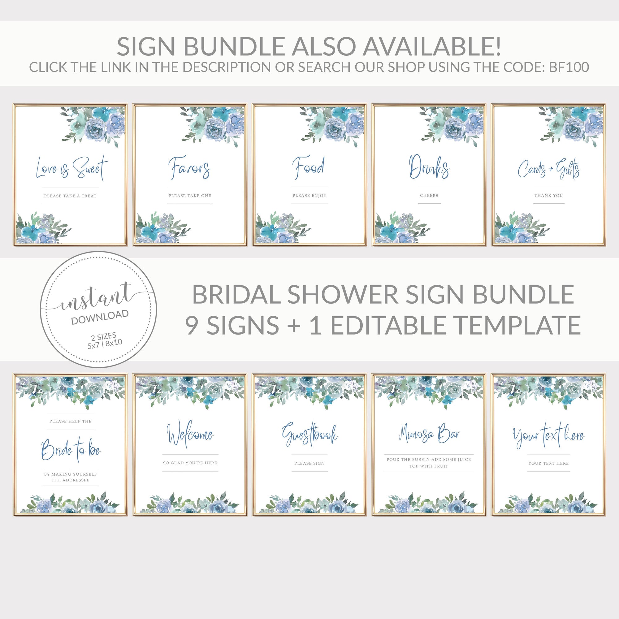 Blue Floral Mimosa Bar Sign Printable, INSTANT DOWNLOAD - BF100