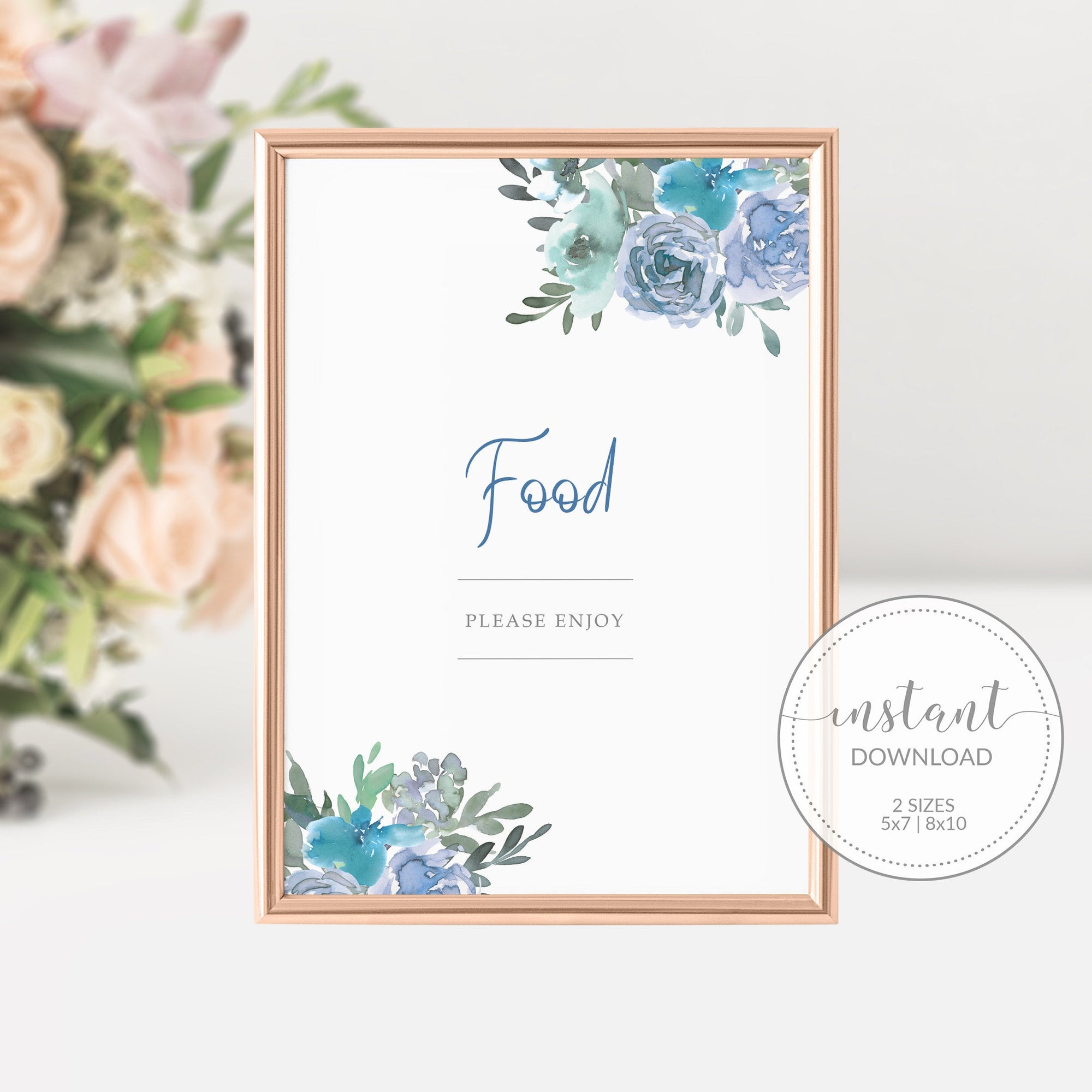 Blue Floral Food Sign Printable, INSTANT DOWNLOAD - BF100