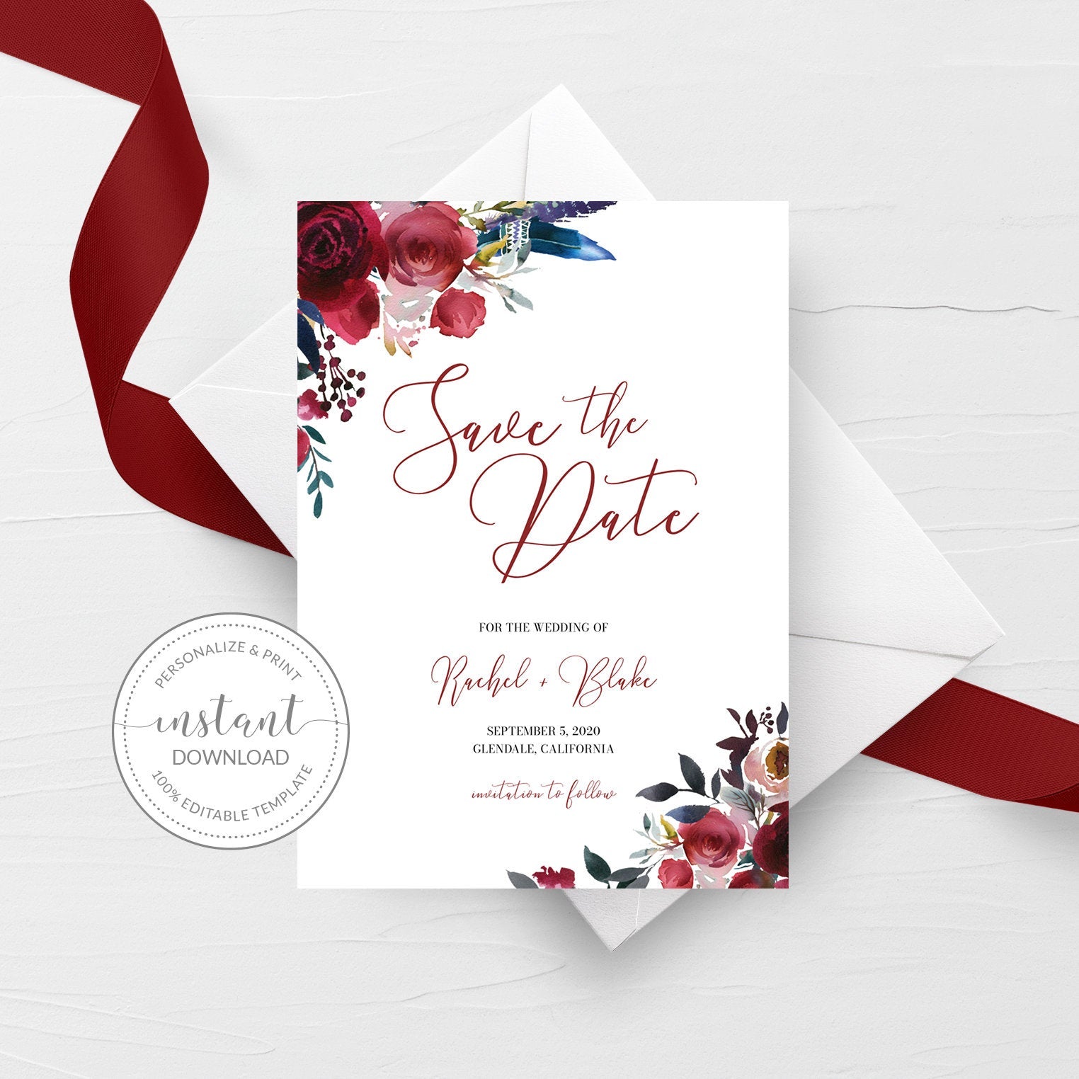 Burgundy and Navy Save The Date Card Template, Printable Wedding Engagement Announcement, Winter Save The Date, Editable INSTANT DOWNLOAD - BB100