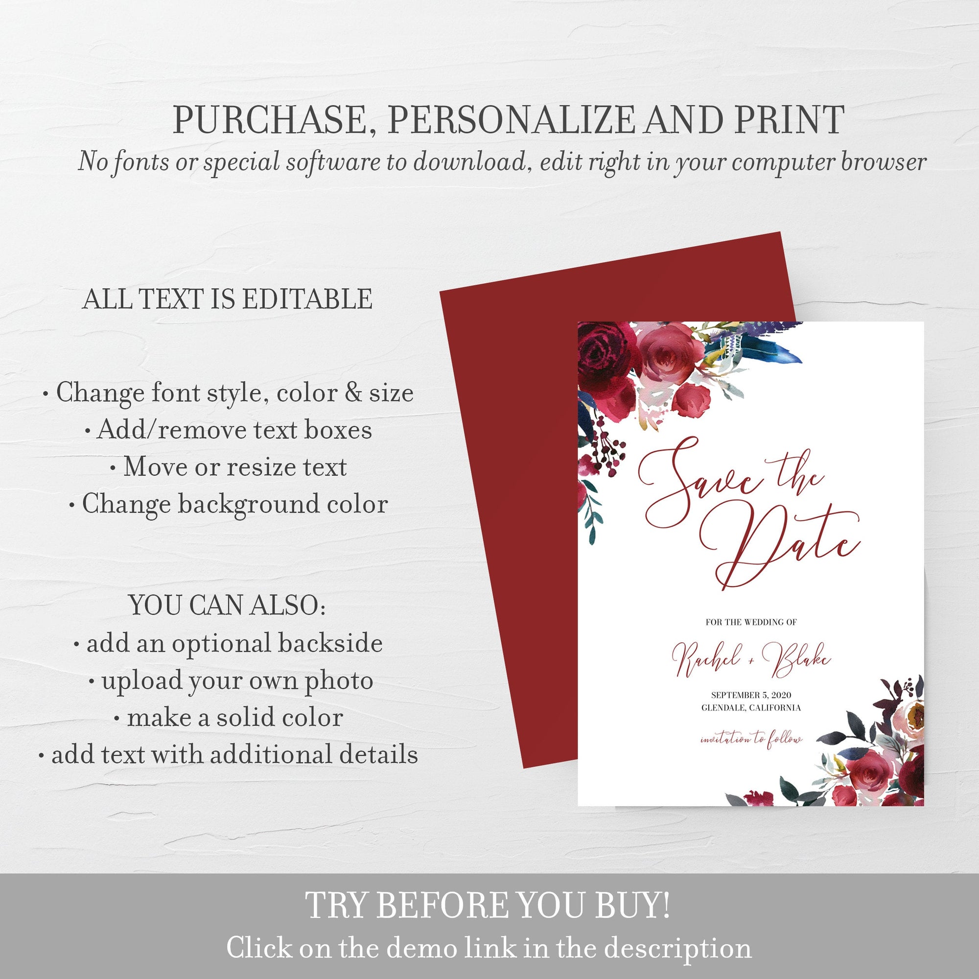 Buy Save the Date Template, Instant Download, Save the Date Cards,  Printable Save the Date, Burgundy Save the Day Invites DIY, Templett, C6  Online in India 