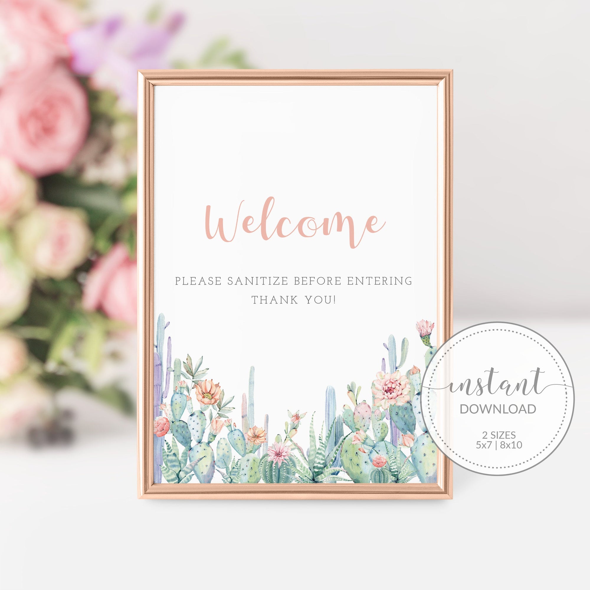 Cactus Sanitize Before Entering Sign, Printable Succulent Welcome Sign, INSTANT DOWNLOAD - CS100