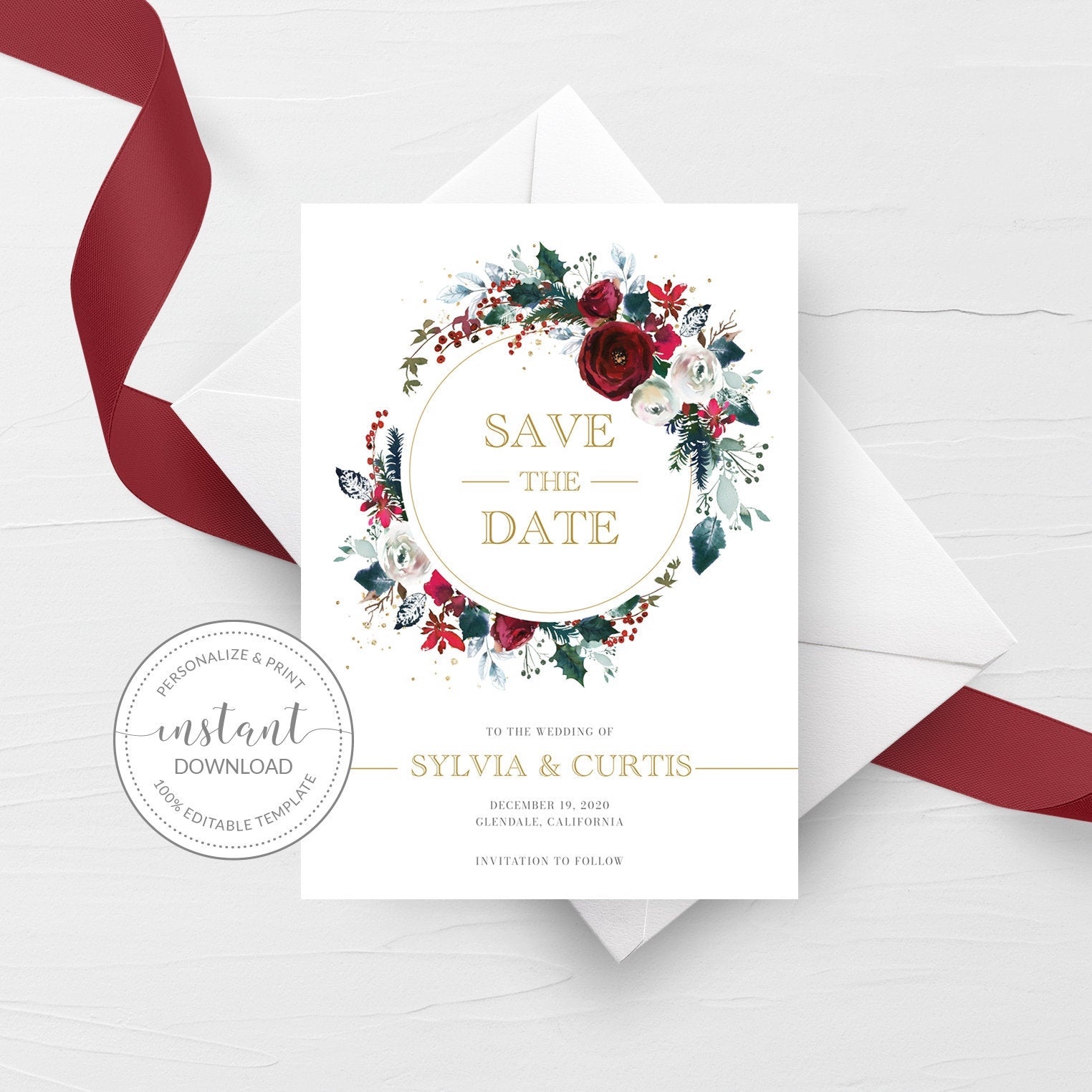 Christmas Wedding Save The Date Card Template, Printable Winter Wedding Engagement Announcement, Editable INSTANT DOWNLOAD- CG100