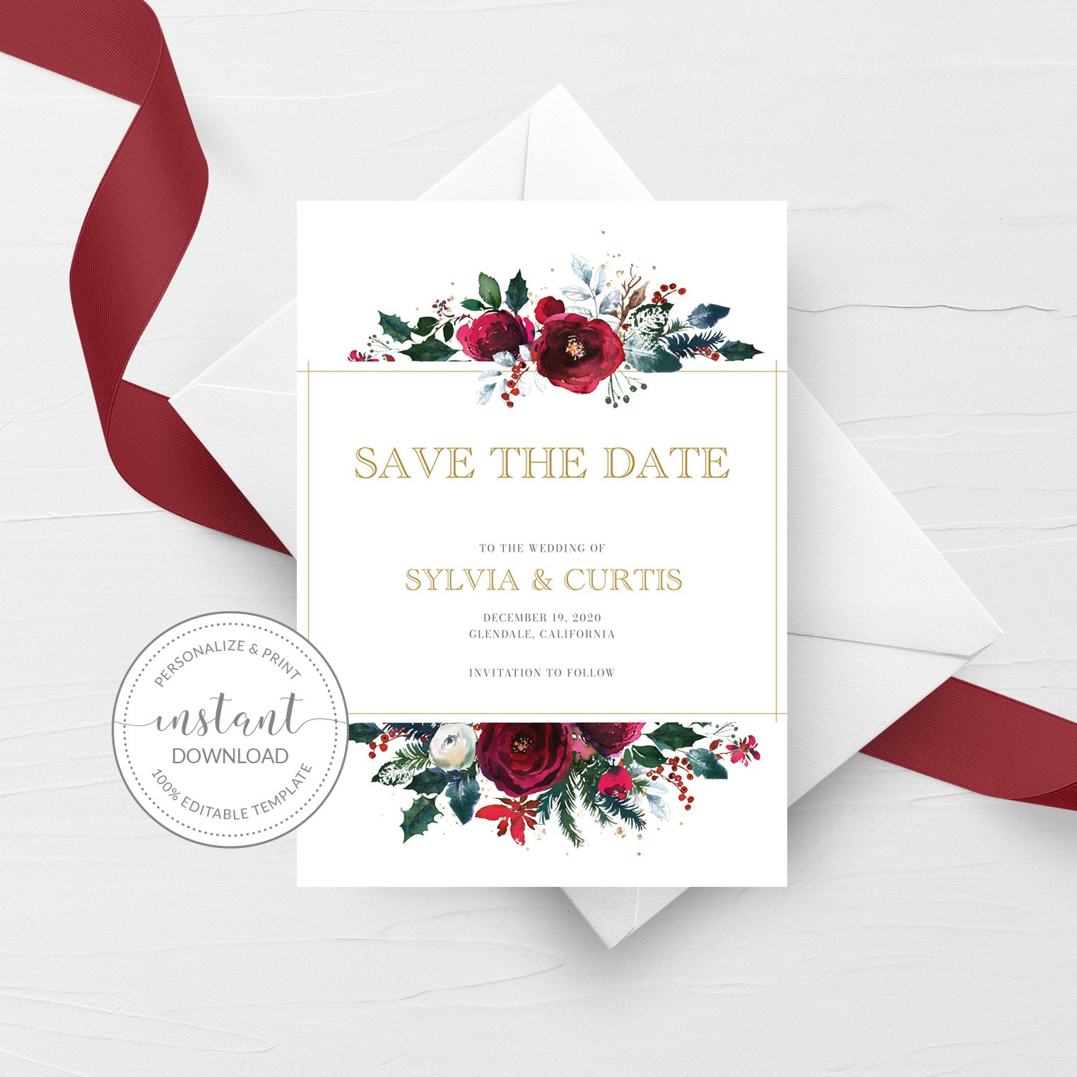 Christmas Wedding Save The Date Card Template, Printable Winter Wedding Engagement Announcement, Editable INSTANT DOWNLOAD - CG100