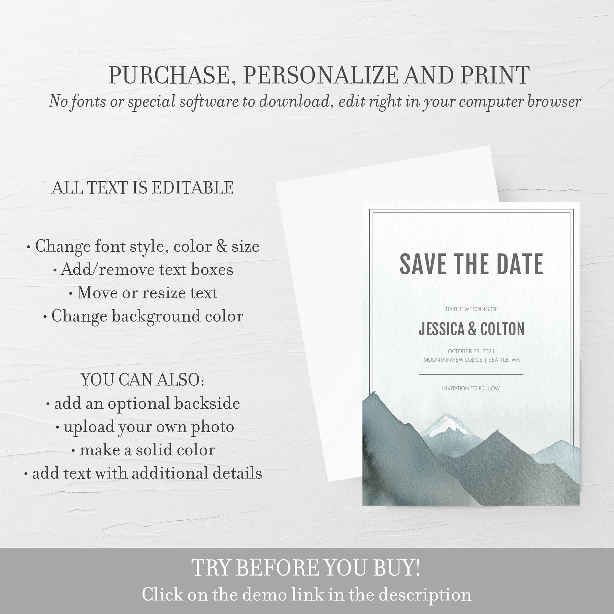 Mountain Save The Date Card Template, Printable Rocky Mountain Wedding Save The Date, Editable INSTANT DOWNLOAD- D100