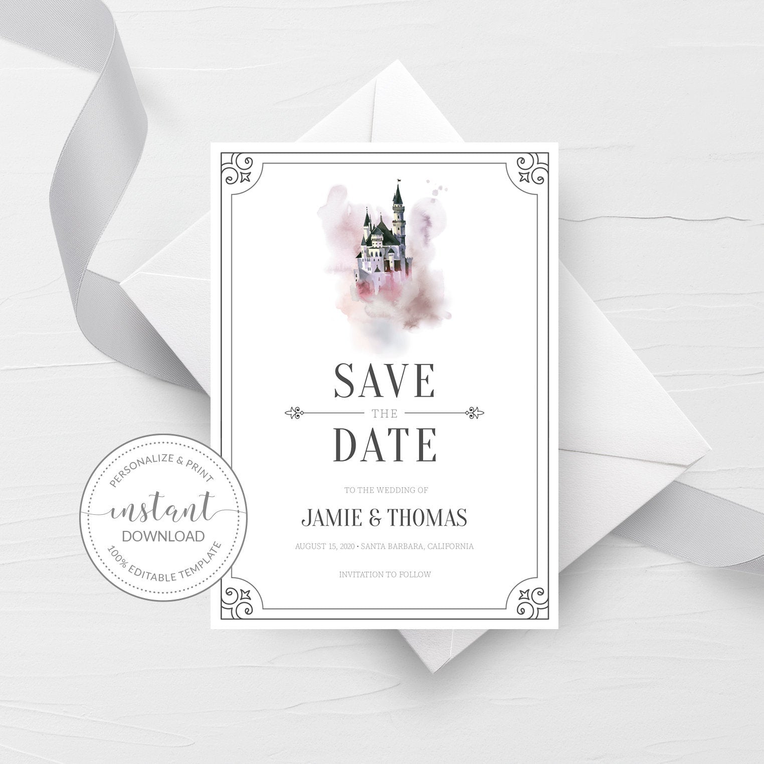 Fairytale Save The Date Card Template, Printable Fairy Tale Wedding, Once Upon a Time, Editable INSTANT DOWNLOAD - D500