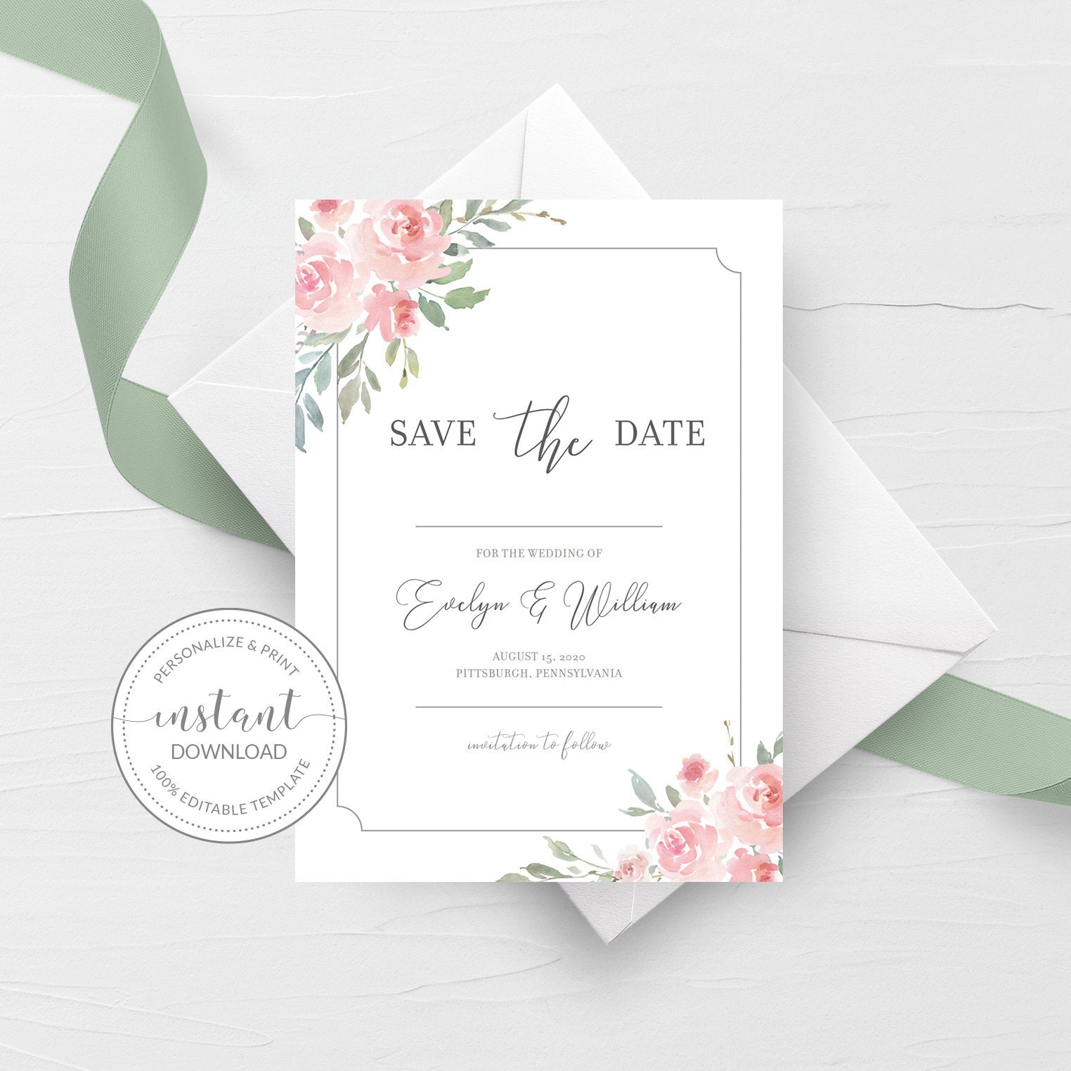 Blush Pink Floral Save The Date Card Template, Printable Wedding Announcement, Editable INSTANT DOWNLOAD - FR100