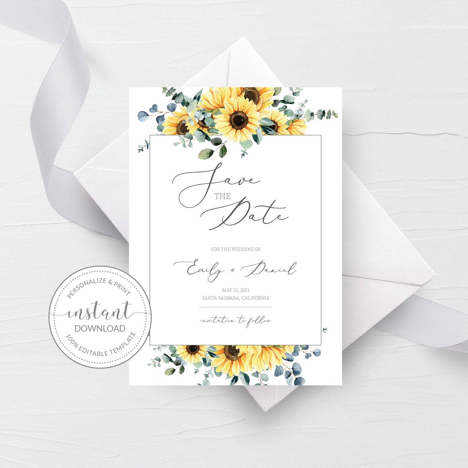 Sunflower Save The Date Card Template, Printable Wedding Announcement,Editable INSTANT DOWNLOAD- S100