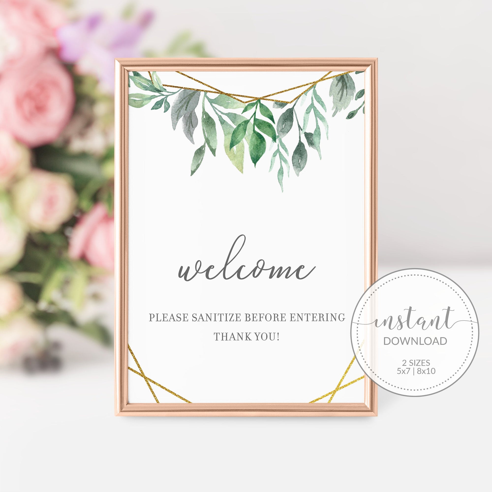 Geometric Gold Greenery Sanitize Before Entering Sign Printable, Geometric Welcome Sign, INSTANT DOWNLOAD - GFG100