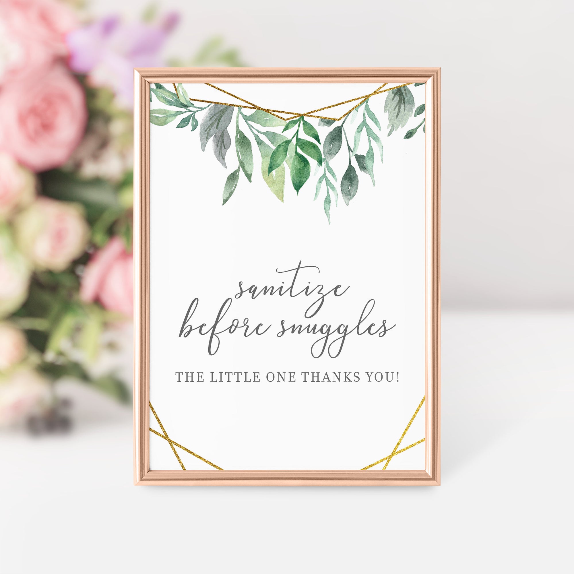 Geometric Gold Greenery Sanitize Before Snuggles Sign Printable, Geometric Sip and See Baby Shower Welcome Sign, INSTANT DOWNLOAD - GFG100