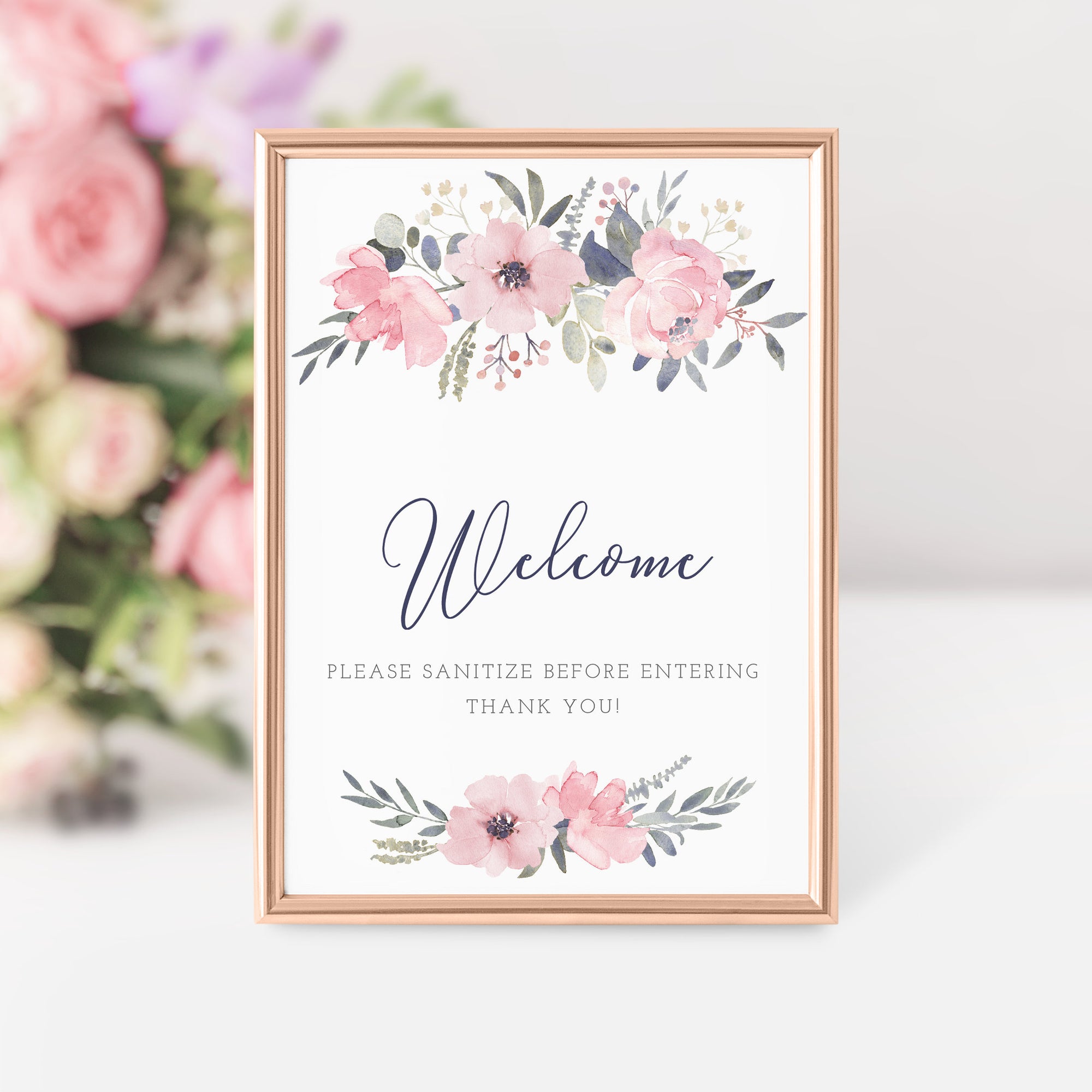 Navy and Blush Floral Sanitize Before Entering Sign Printable, Welcome Sign, INSTANT DOWNLOAD - NB100