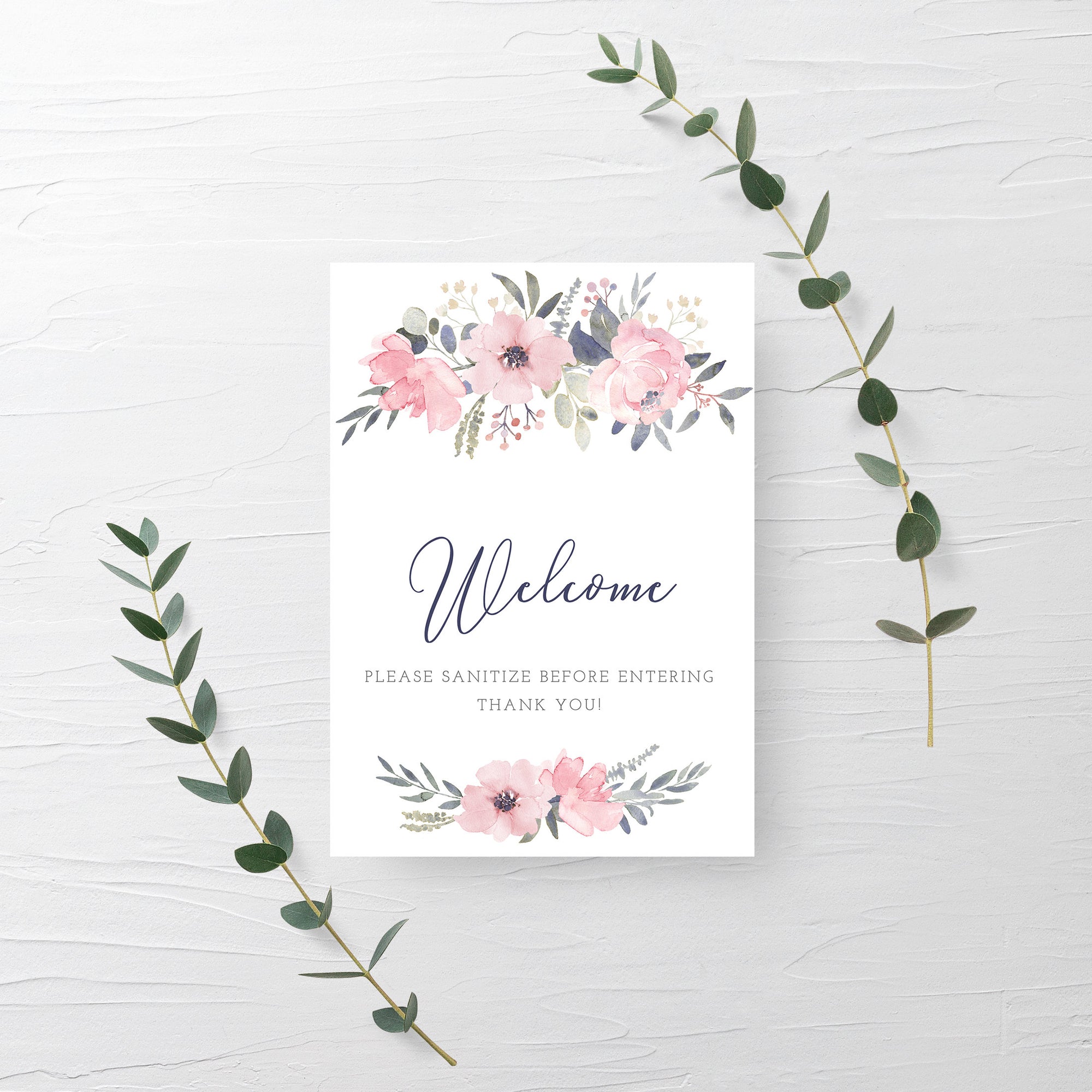 Navy and Blush Floral Sanitize Before Entering Sign Printable, Welcome Sign, INSTANT DOWNLOAD - NB100