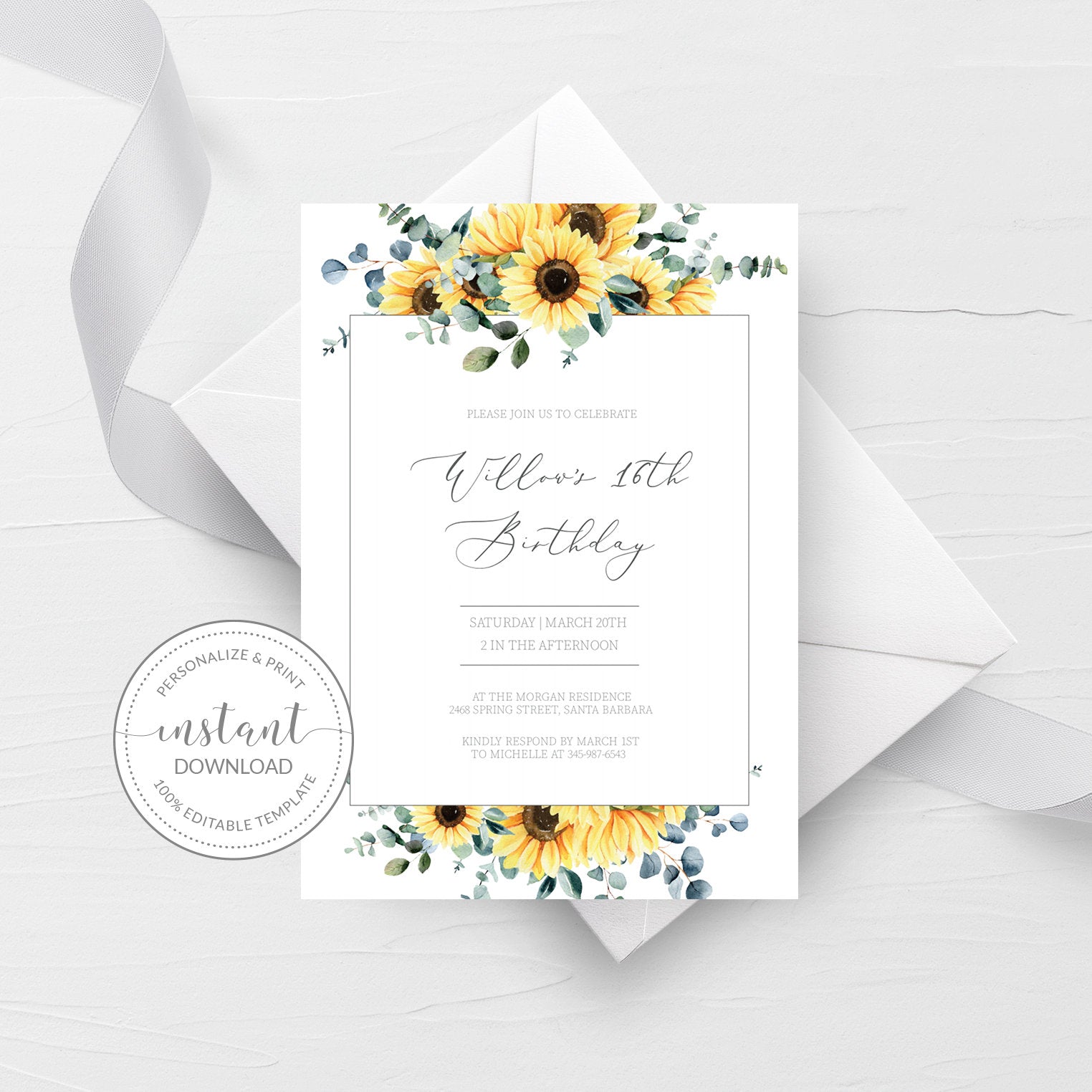 Sunflower Birthday Party Invitation Template, Printable, Editable INSTANT DOWNLOAD - S100