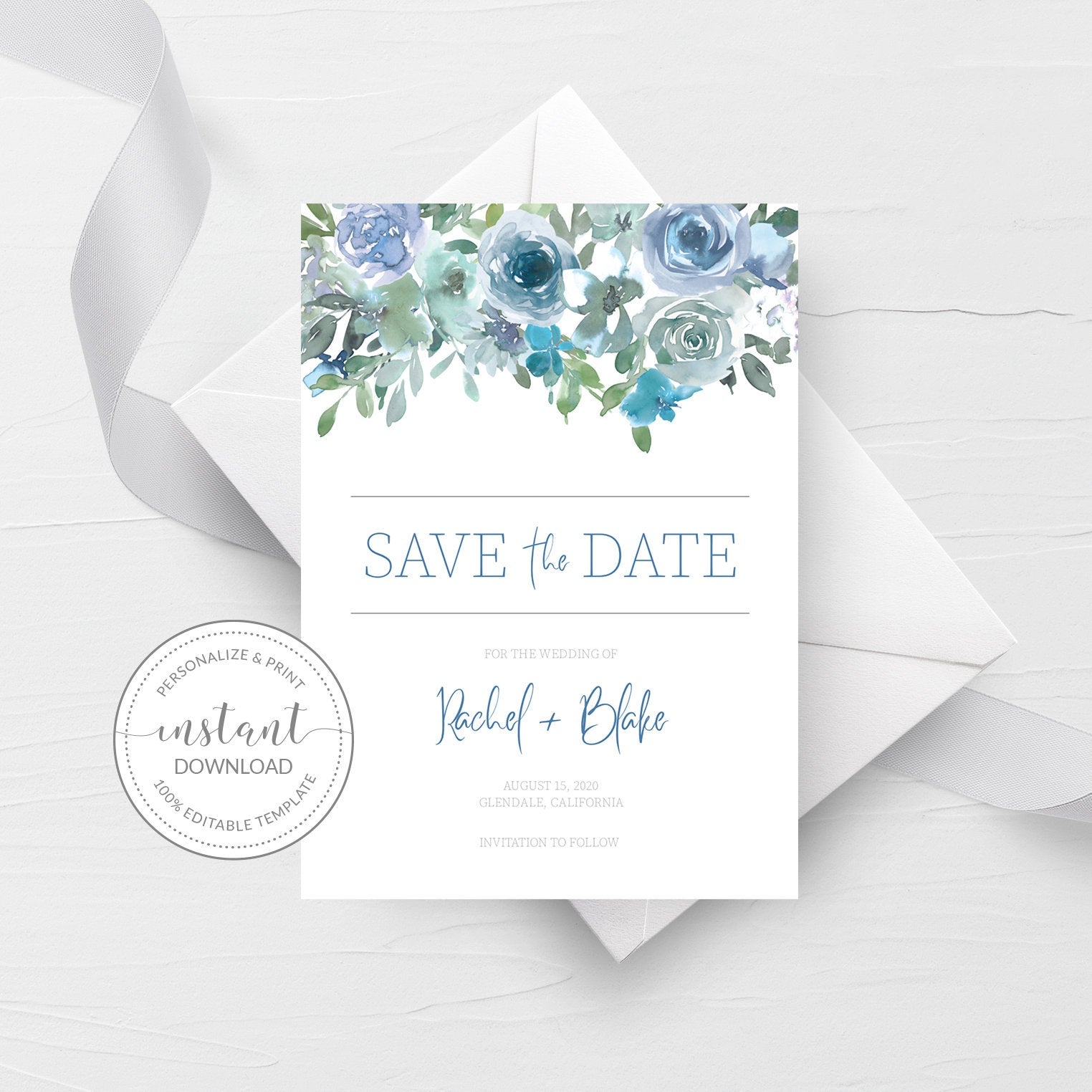 Blue Floral Save The Date Card Template, Printable Wedding Engagement Announcement, Editable INSTANT DOWNLOAD - BF100
