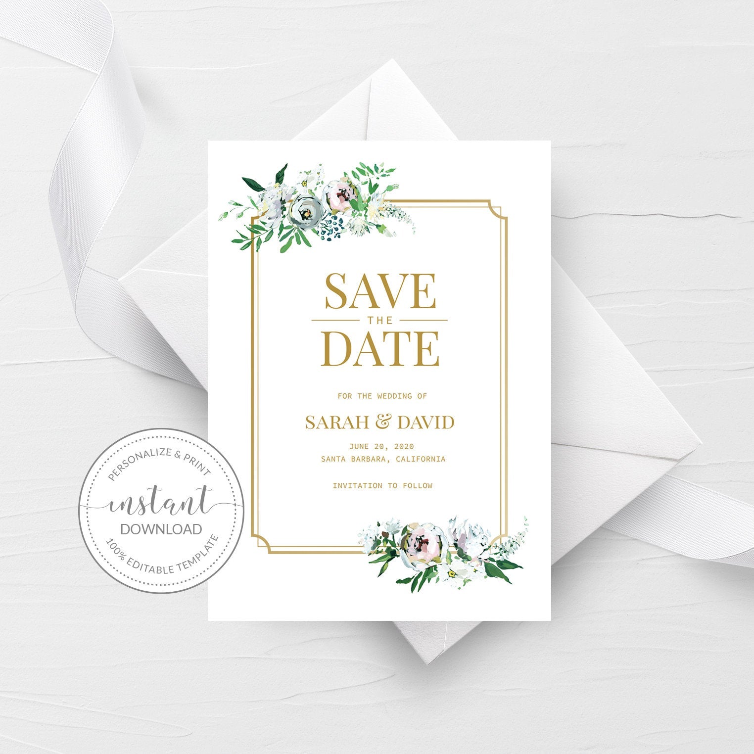 Blush Floral Greenery Save The Date Card Template, Printable Wedding Engagement Announcement, Editable INSTANT DOWNLOAD - BGF100