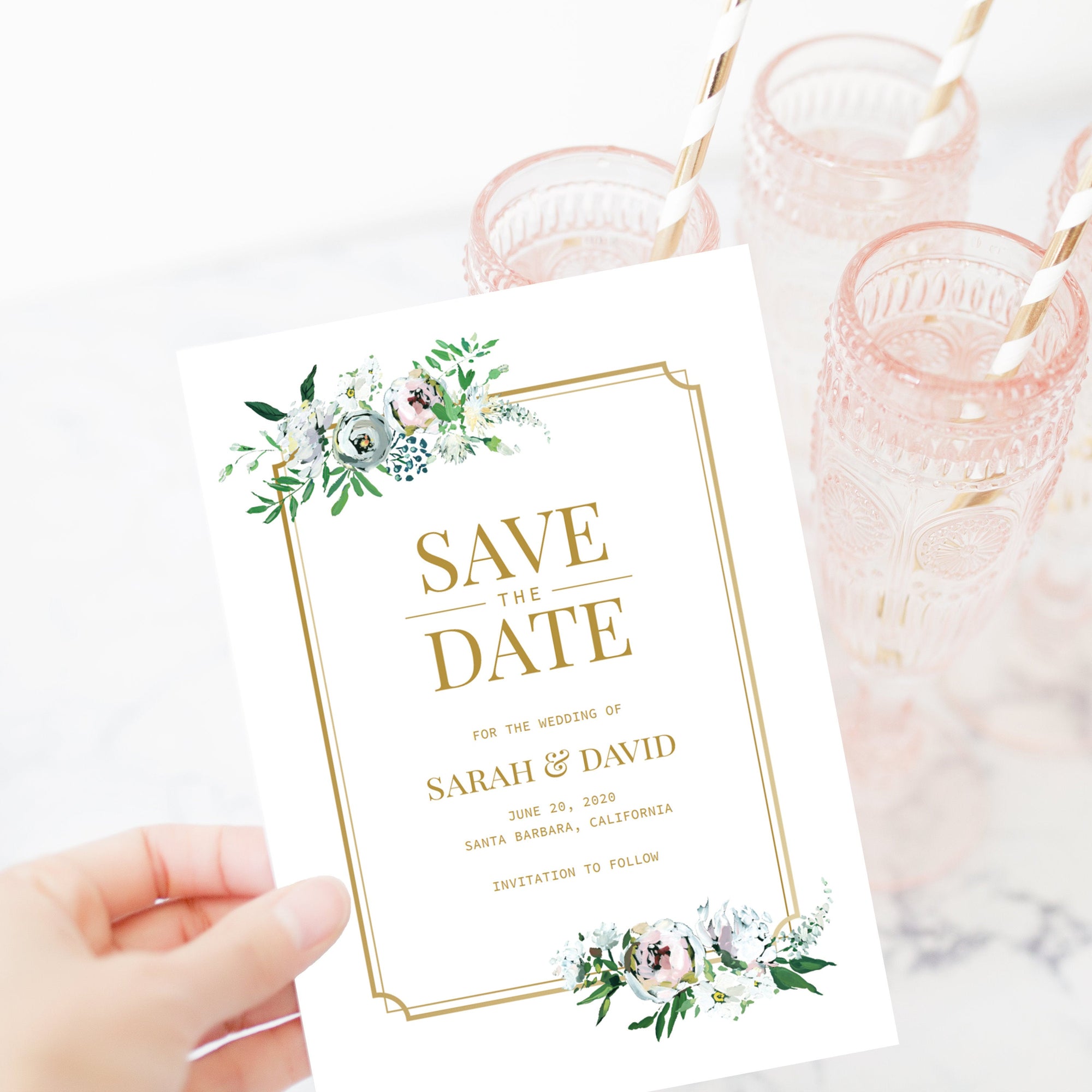 Blush Floral Greenery Save The Date Card Template, Printable Wedding Engagement Announcement, Editable INSTANT DOWNLOAD - BGF100
