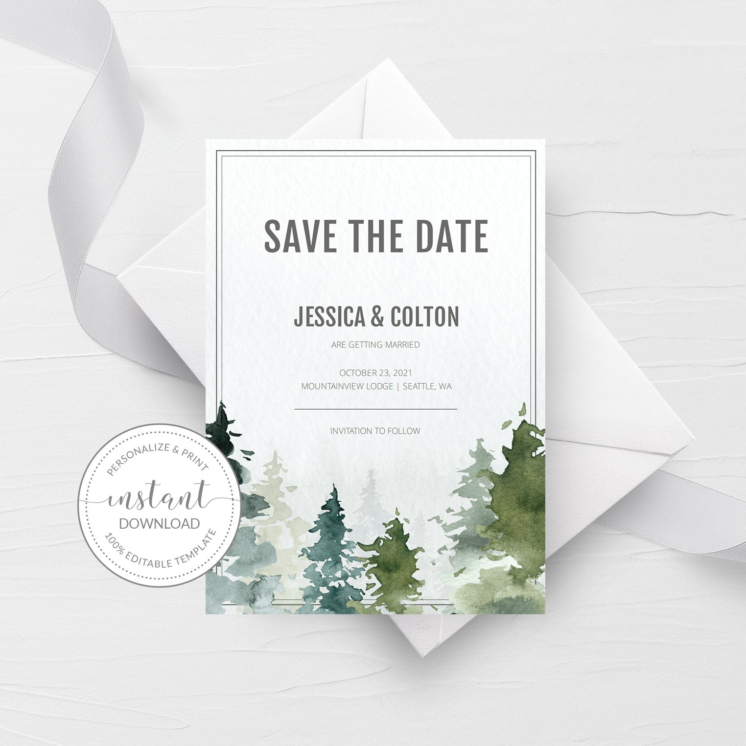 Woodland Forest Save The Date Card Template, Printable Pine Tree Wedding Save The Date, Editable INSTANT DOWNLOAD - D100