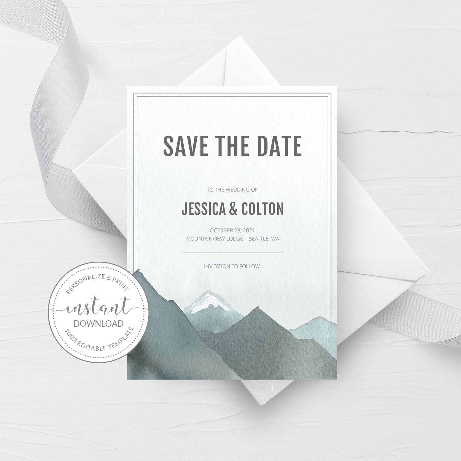 Mountain Save The Date Card Template, Printable Rocky Mountain Wedding Save The Date, Editable INSTANT DOWNLOAD- D100