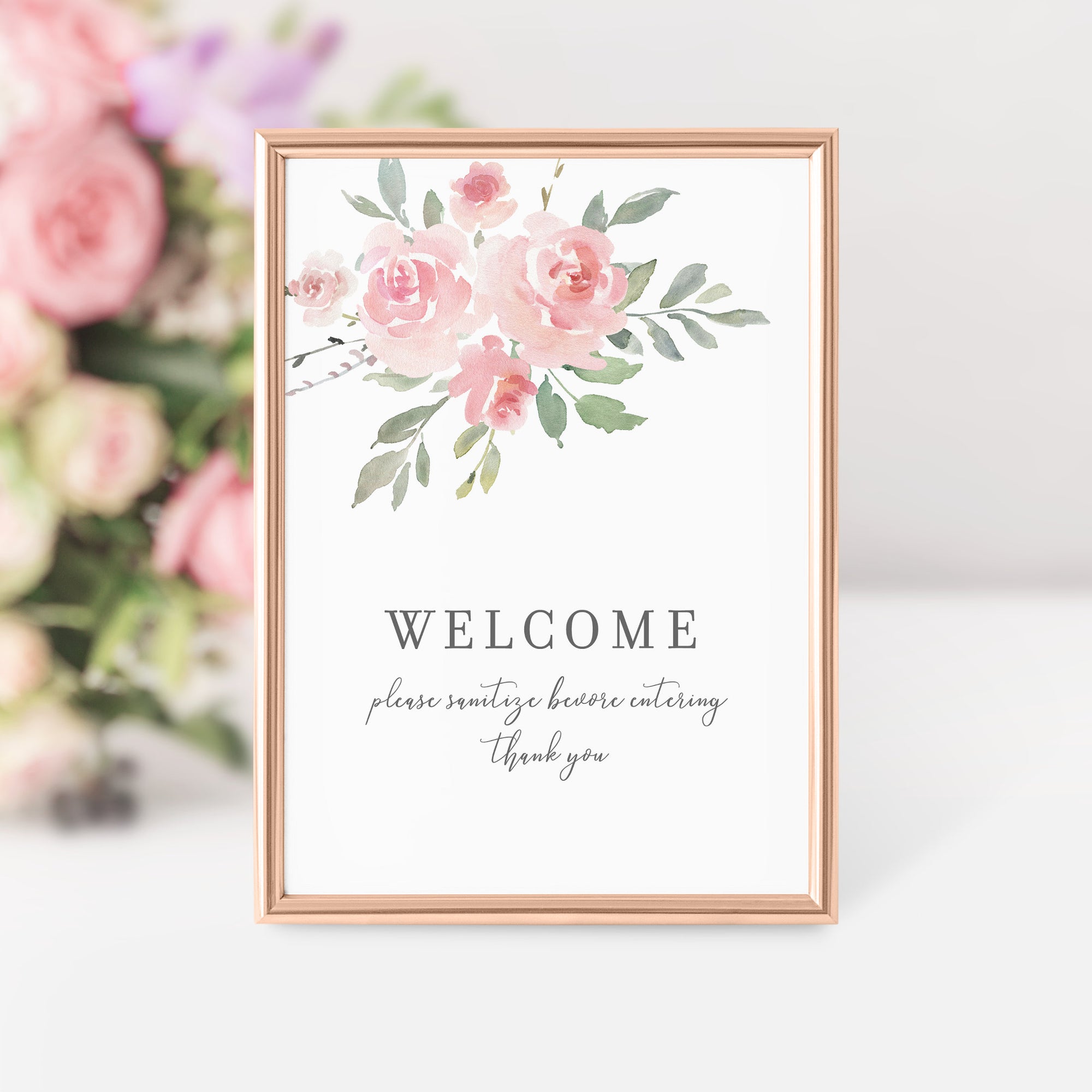 Blush Pink Floral Sanitize Before Entering Sign, Printable Welcome Sign, INSTANT DOWNLOAD - FR100