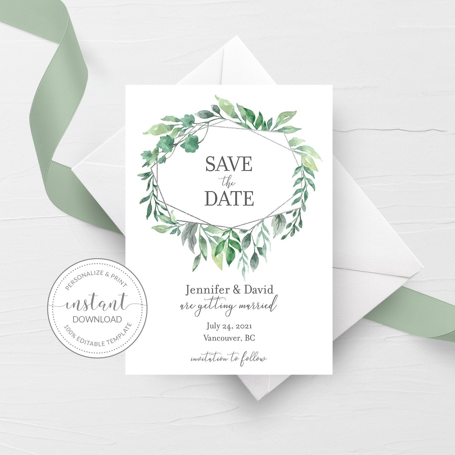 Geometric Silver Greenery Save The Date Card Template, Printable Wedding Announcement, Editable INSTANT DOWNLOAD - GFS100