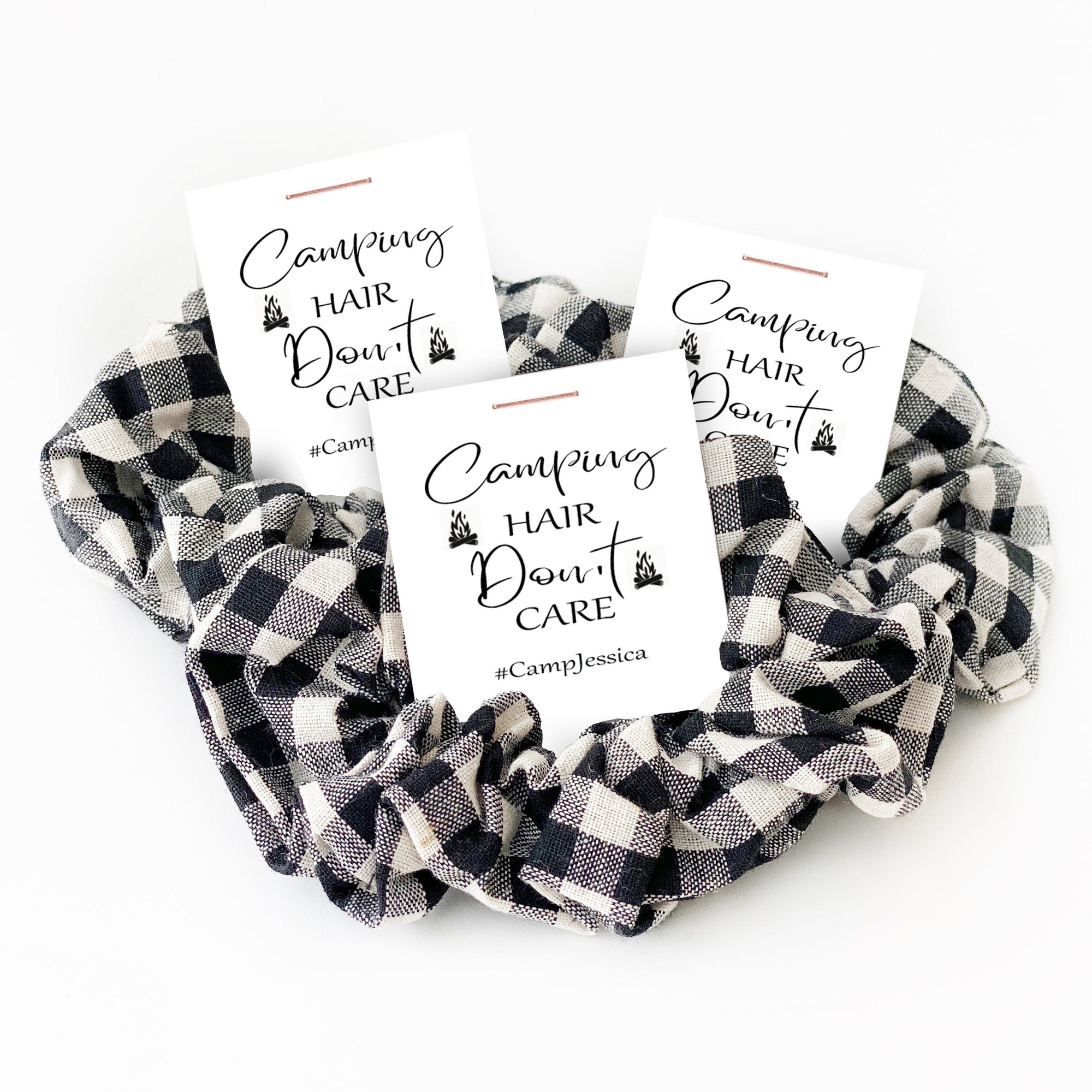 Camping Hair Don't Care, Buffalo Plaid Camping Birthday Party Favors, Glamping Hair Scrunchie