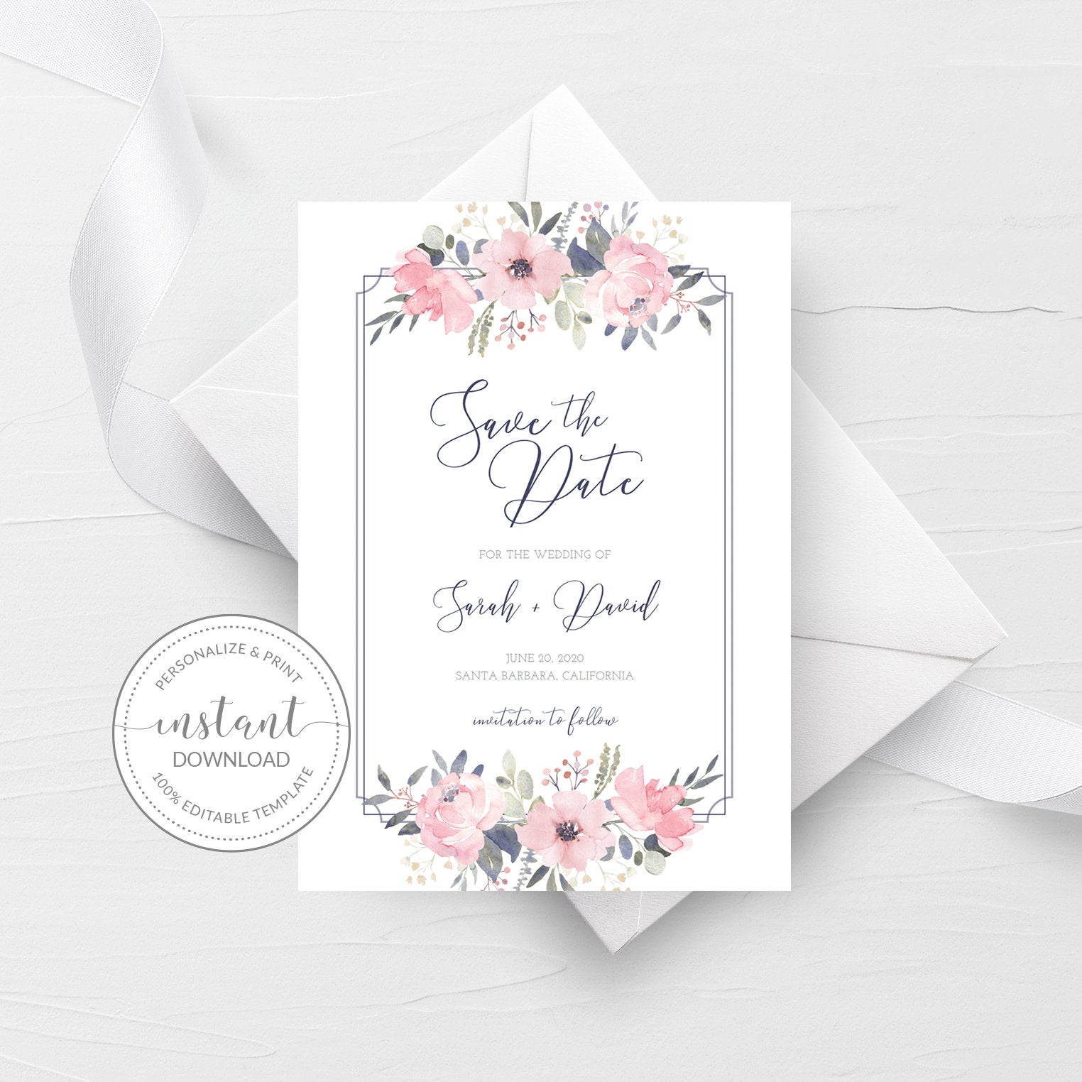 Navy and Blush Floral Save The Date Card Template, Printable Wedding Engagement Announcement, Editable INSTANT DOWNLOAD - NB100