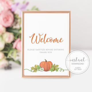 Pumpkin Sanitize Before Entering Sign, Printable Thanksgiving Welcome Sign, INSTANT DOWNLOAD - HP100 - PlumPolkaDot