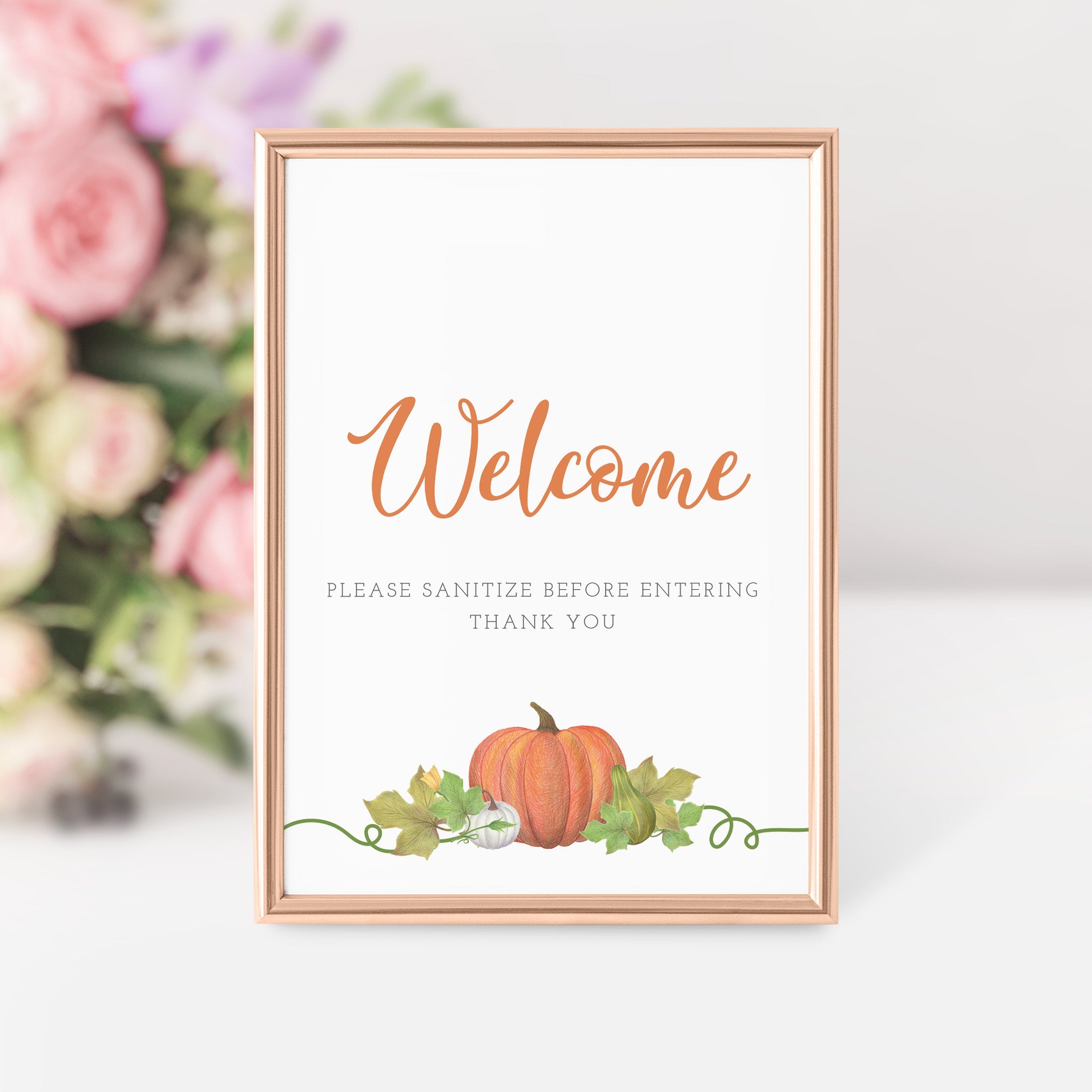 Pumpkin Sanitize Before Entering Sign, Printable Thanksgiving Welcome Sign, INSTANT DOWNLOAD - HP100 - PlumPolkaDot