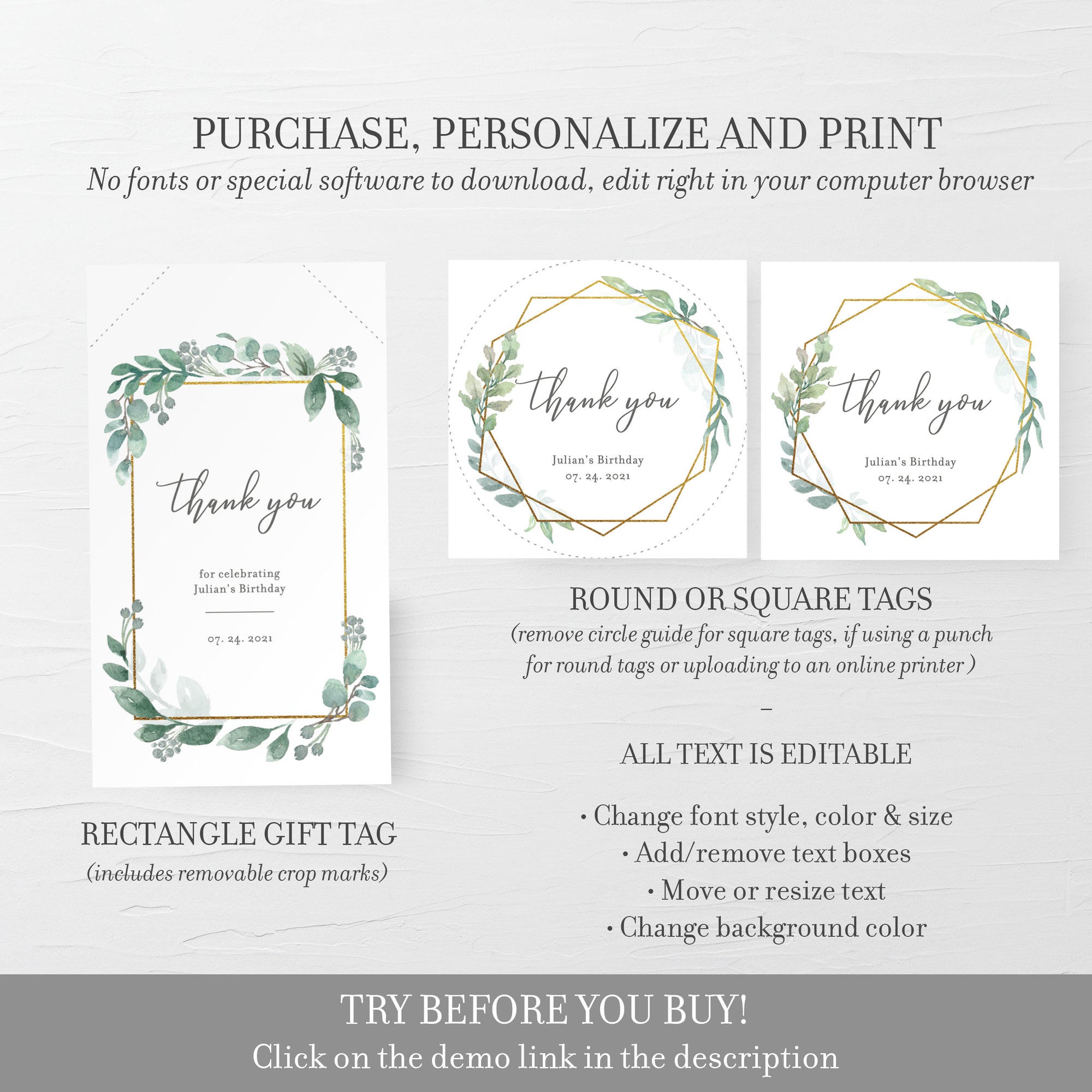 Birthday Favor Tags Printable Template, Greenery Birthday Party Favor Tags, Round Square or Rectangle, Editable DIGITAL DOWNLOAD - GFG100