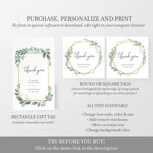 Greenery Wedding Favor Tags Printable Template, Greenery Favor Tags, Round Square or Rectangle, Editable DIGITAL DOWNLOAD - GFG100