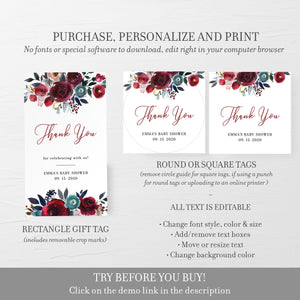 Burgundy Baby Shower Favor Tags Girl or Boy, Floral Favor Tags Printable Template, Round Square Rectangle, Editable DIGITAL DOWNLOAD BB100