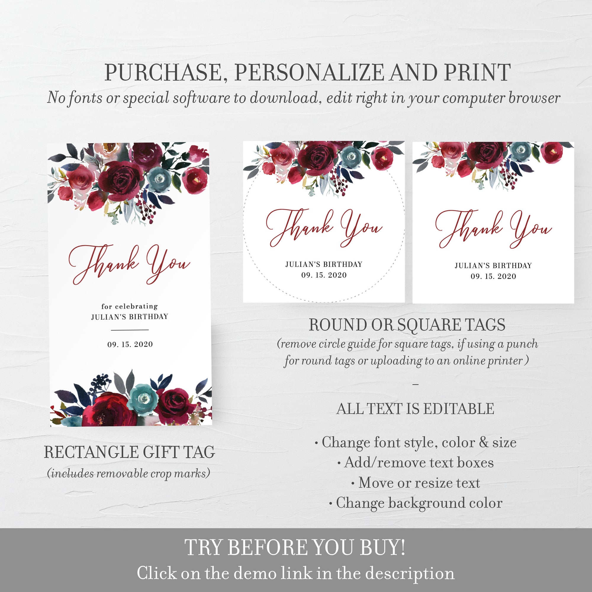 Burgundy Party Favor Tags Birthday, Birthday Party Favor Tags Girl, Favor Printable Template, Round Square, Editable DIGITAL DOWNLOAD BB100