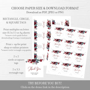 Wedding Favor Tags For Candles, Burgundy Floral Printable Thank You Tags for Wedding, Round Square, Editable DIGITAL DOWNLOAD BB100