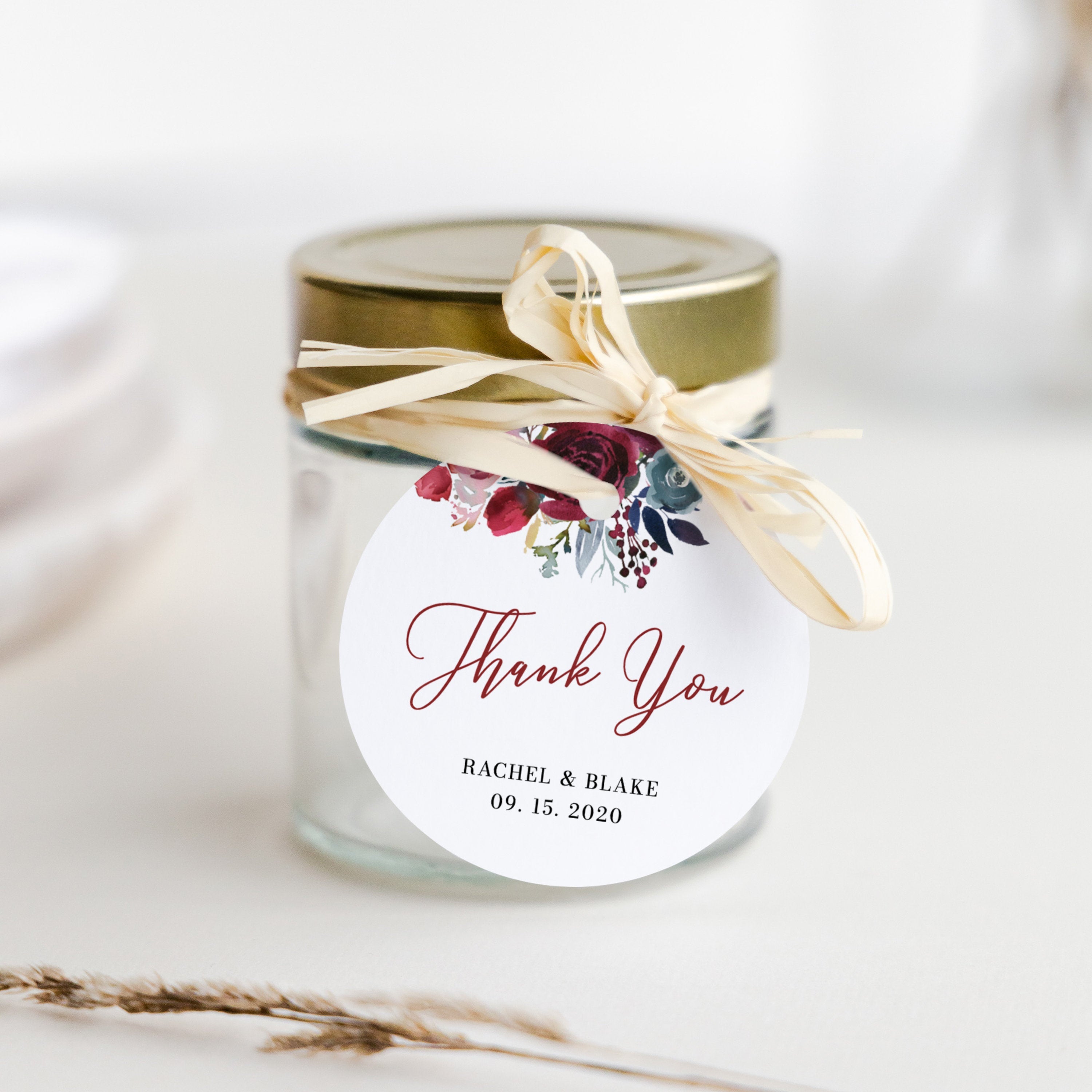 Wedding Favor Tags For Candles, Burgundy Floral Printable Thank You Tags for Wedding, Round Square, Editable DIGITAL DOWNLOAD BB100