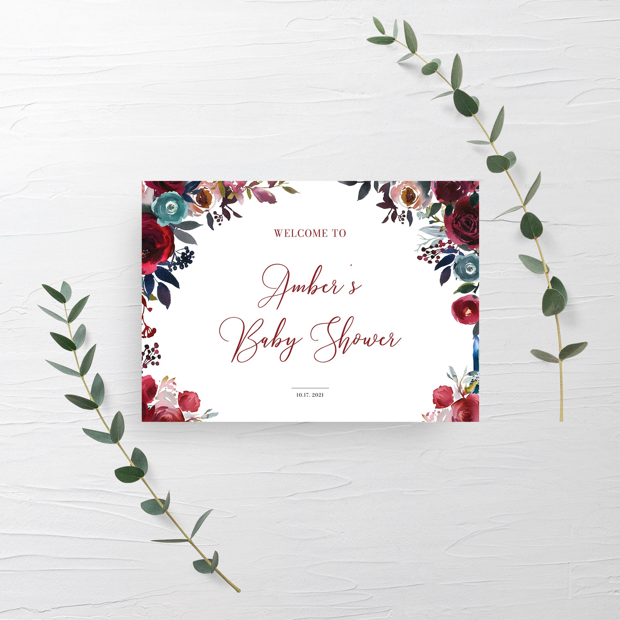 Baby Shower Welcome Sign Template, Large Welcome Sign Printable, Burgundy and Navy Floral Girl Baby Shower Sign, DIGITAL DOWNLOAD - BB100