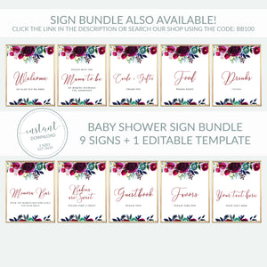 Baby Shower Welcome Sign Template, Large Welcome Sign Printable, Burgundy and Navy Floral Girl Baby Shower Sign, DIGITAL DOWNLOAD - BB100