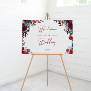 Wedding Welcome Sign Template, Winter Wedding Welcome Sign Printable, Large Welcome Sign, Burgundy Navy Floral, DIGITAL DOWNLOAD BB100