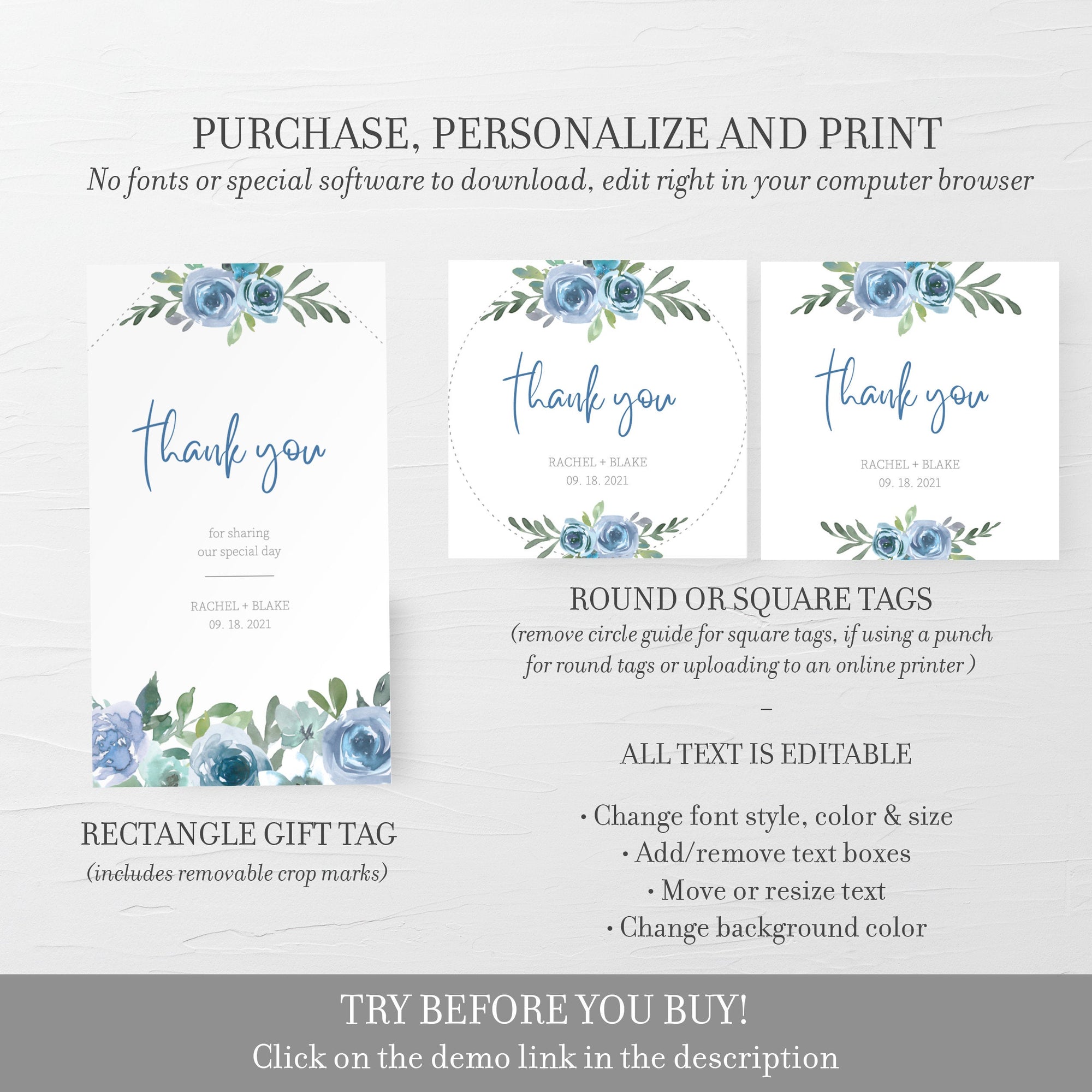 Printable Wedding Stickers Template, Blue Floral Wedding, Thank You Stickers Wedding, Personalised Stickers Wedding, DIGITAL DOWNLOAD BF100