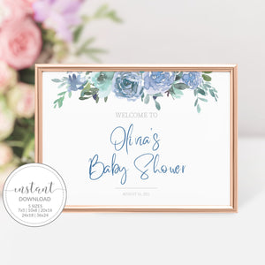 Boy Baby Shower Welcome Sign Template, Large Welcome Sign Printable, Blue Floral Boy Baby Shower Sign, DIGITAL DOWNLOAD - BF100