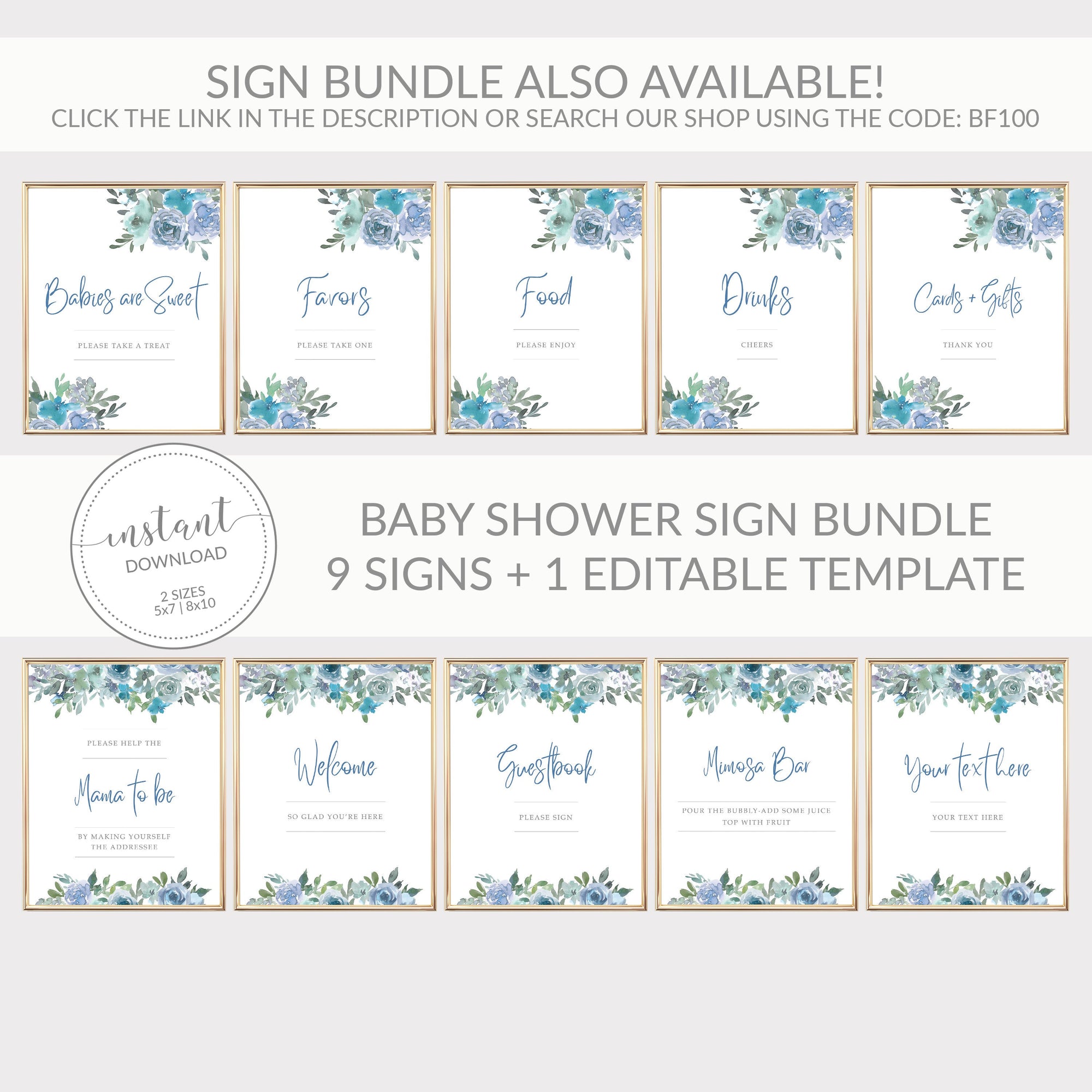 Boy Baby Shower Welcome Sign Template, Large Welcome Sign Printable, Blue Floral Boy Baby Shower Sign, DIGITAL DOWNLOAD - BF100