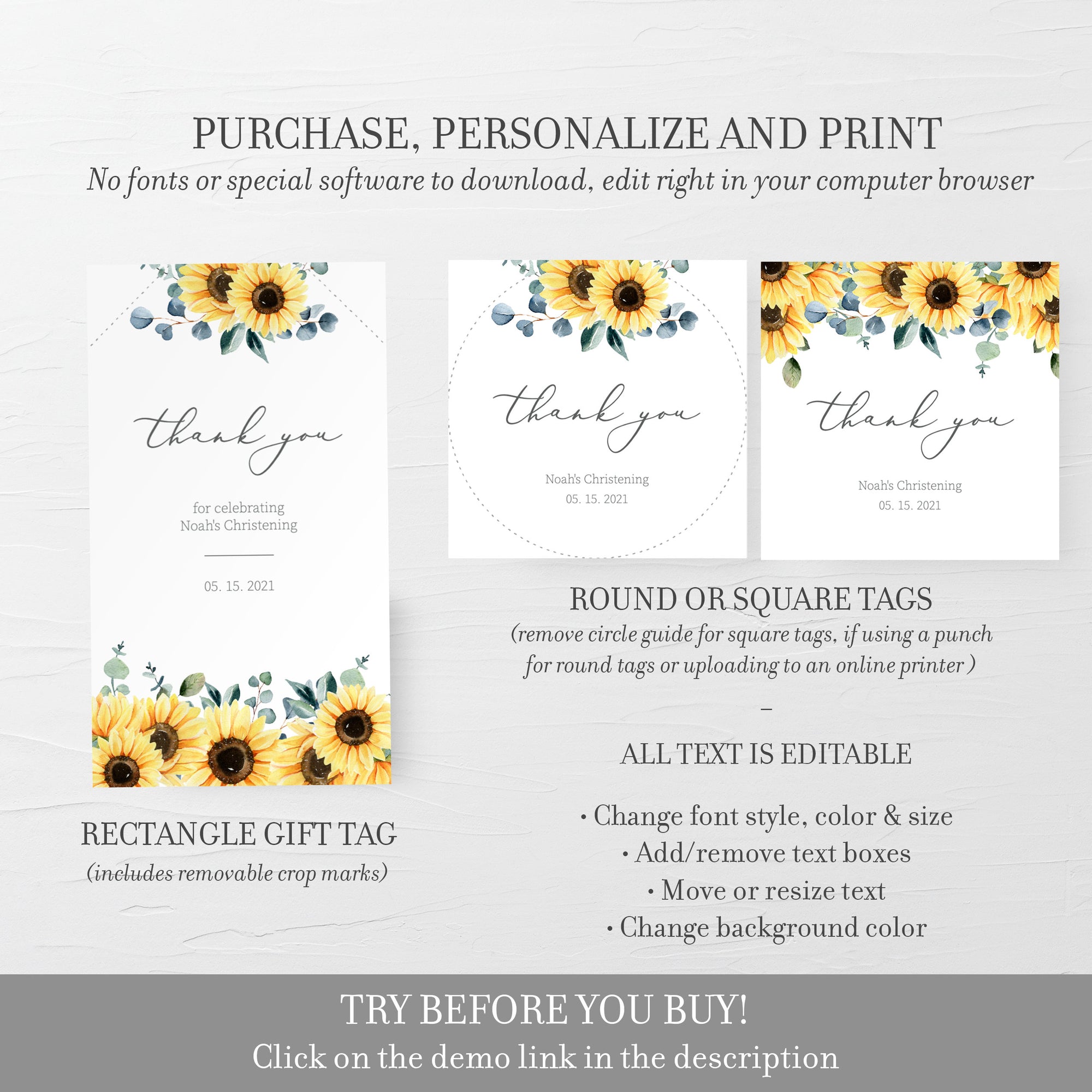 Sunflower Christening Favor Tag Template, Sunflower Christening Thank You Tags Printable, Round Square, Editable DIGITAL DOWNLOAD S100