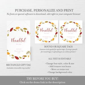 Thanksgiving Favors Tag Template, Thanksgiving Tags, Thankful For You, Thanksgiving Gift Tag Printable, Editable DIGITAL DOWNLOAD FL100