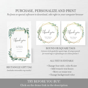 Baptism Favor Tags Printable Template, Greenery Favor Tags, Baptism Thank You, Round Square or Rectangle, Editable DIGITAL DOWNLOAD - GFG100