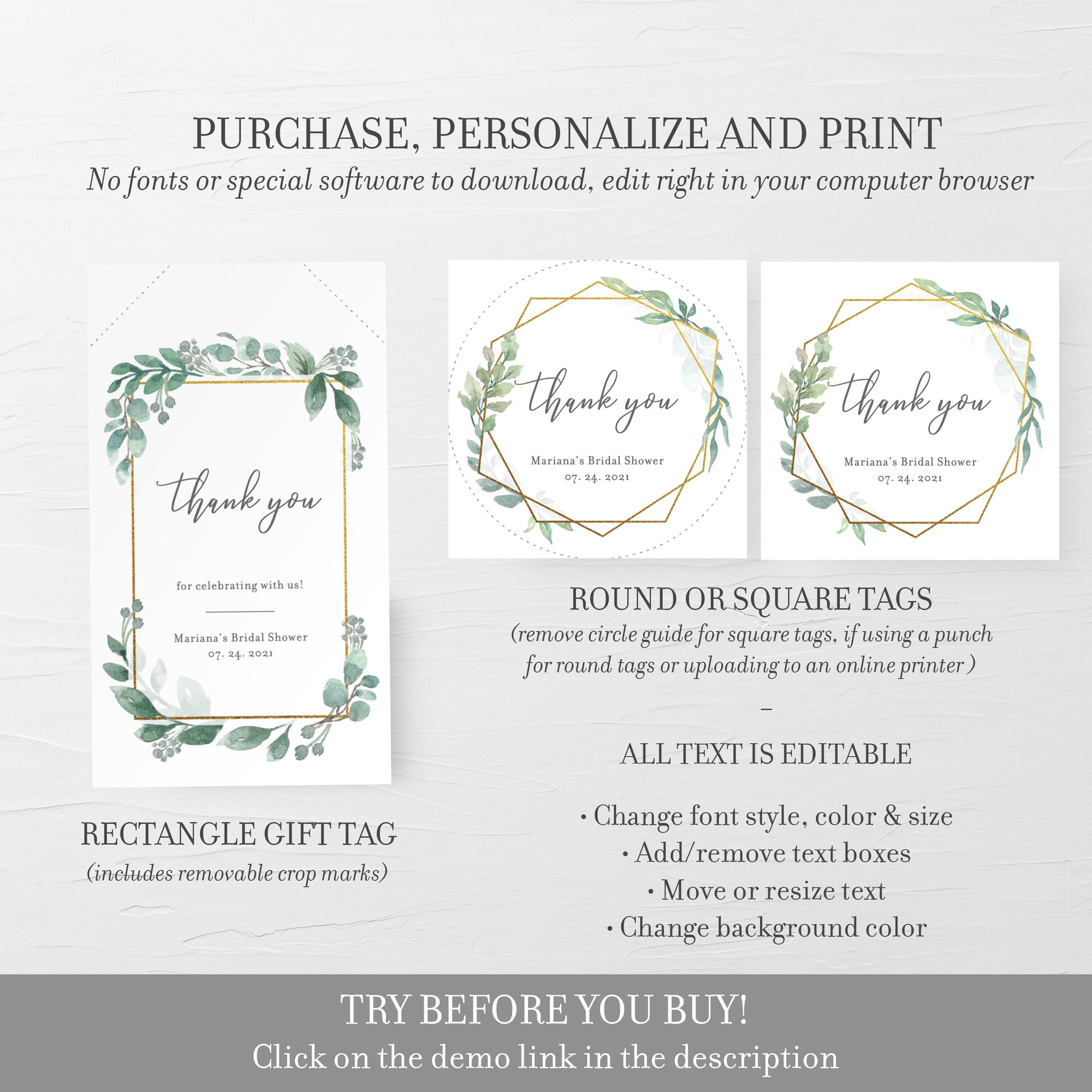 Greenery Bridal Shower Favor Tags Printable Template, Greenery Favor Tags, Round Square or Rectangle, Editable DIGITAL DOWNLOAD - GFG100