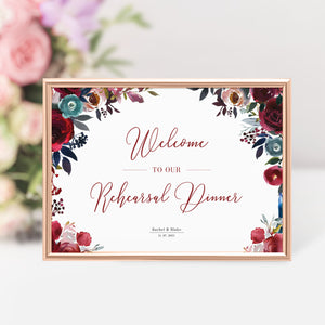 Wedding Rehearsal Dinner Welcome Sign Template, Large Wedding Rehearsal Welcome Sign Printable, Burgundy Navy Floral, DIGITAL DOWNLOAD BB100