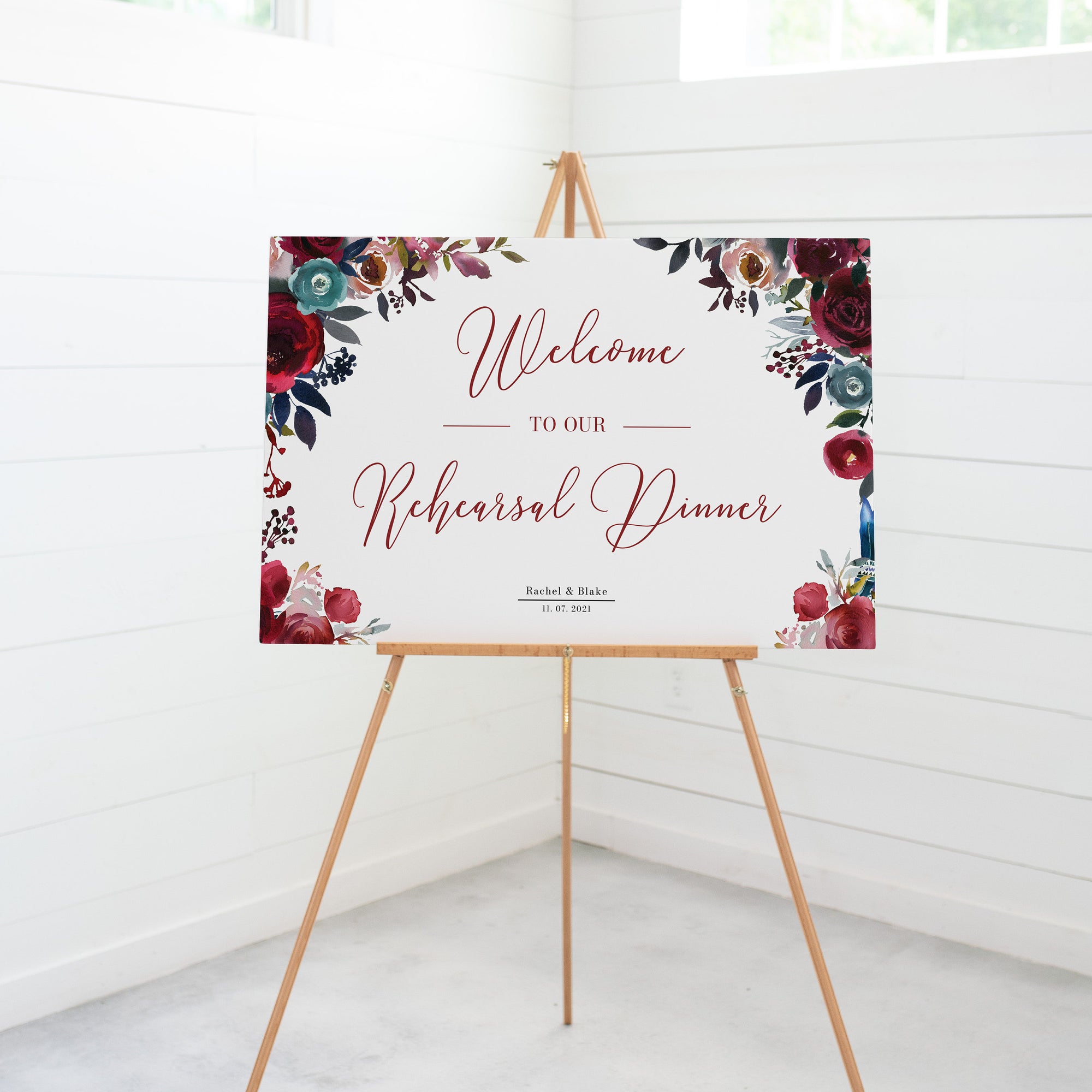 Wedding Rehearsal Dinner Welcome Sign Template, Large Wedding Rehearsal Welcome Sign Printable, Burgundy Navy Floral, DIGITAL DOWNLOAD BB100