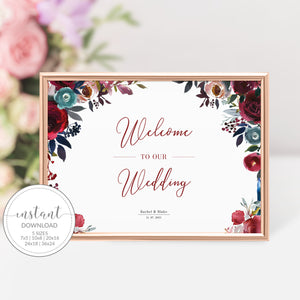Wedding Welcome Sign Template, Winter Wedding Welcome Sign Printable, Large Welcome Sign, Burgundy Navy Floral, DIGITAL DOWNLOAD BB100