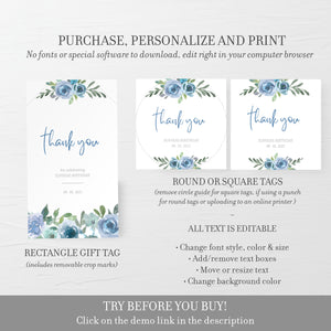 Blue Floral Party Favor Tags Birthday, Birthday Party Favor Tags Girl, Round Thank You Tags Printable, Editable DIGITAL DOWNLOAD BF100