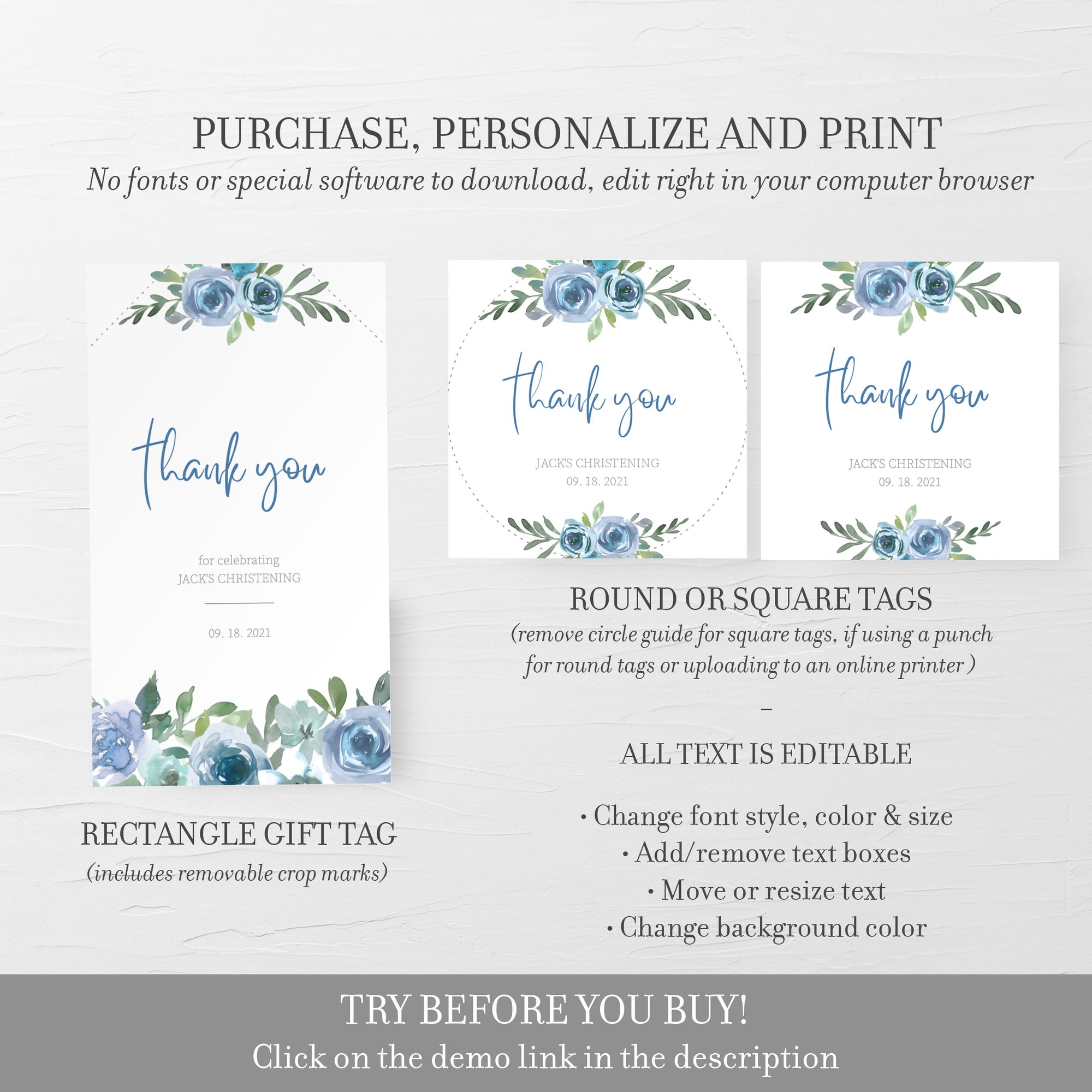 Blue Floral Christening Favor Tag Template, Boy Christening Thank You Tags Printable, Round Square, Editable DIGITAL DOWNLOAD BF100