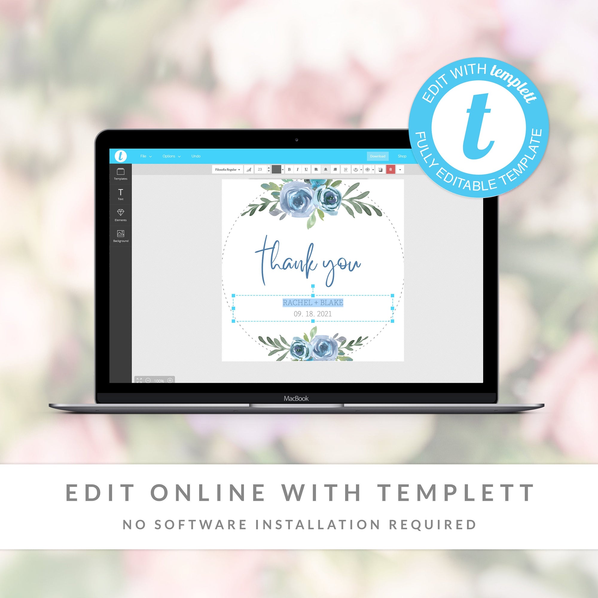 Printable Wedding Stickers Template, Blue Floral Wedding, Thank You Stickers Wedding, Personalised Stickers Wedding, DIGITAL DOWNLOAD BF100