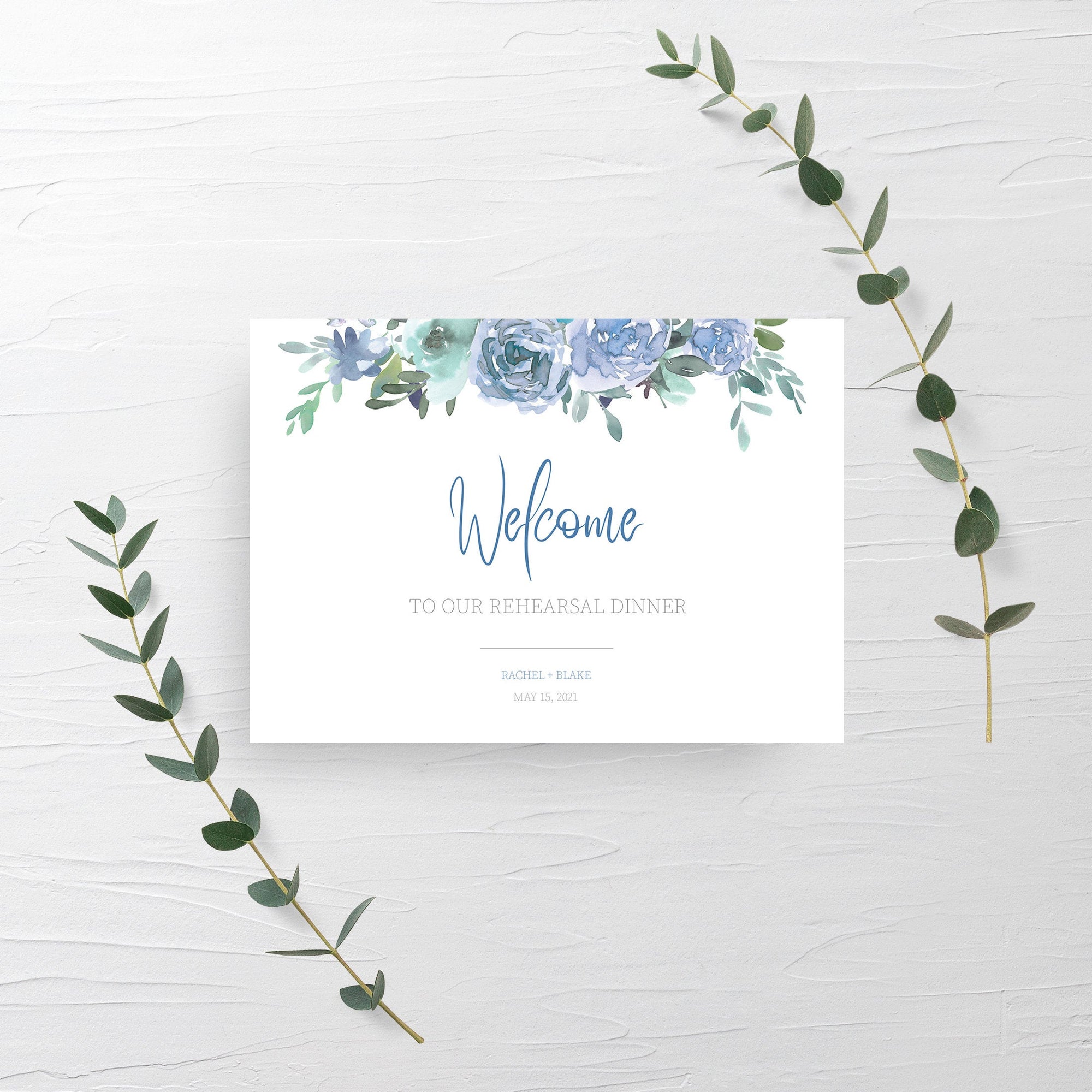 Wedding Rehearsal Dinner Welcome Sign Template, Large Welcome Sign Printable, Blue Floral Wedding Rehearsal Signs, DIGITAL DOWNLOAD - BF100